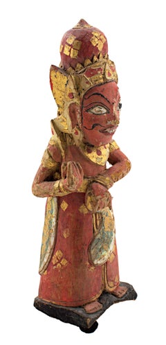 "Hand-Carved Indonesian Wooden Finial with Decorative Base, " Carved Painted Wood