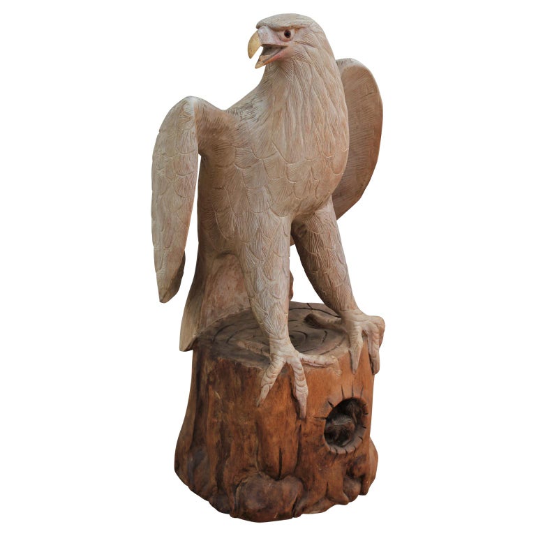 Unknown Hand Carved Naturalistic Wooden White Eagle Statue / Wildlife