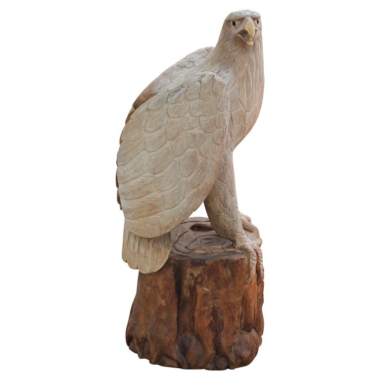 Unknown Hand Carved Naturalistic Wooden White Eagle Statue / Wildlife