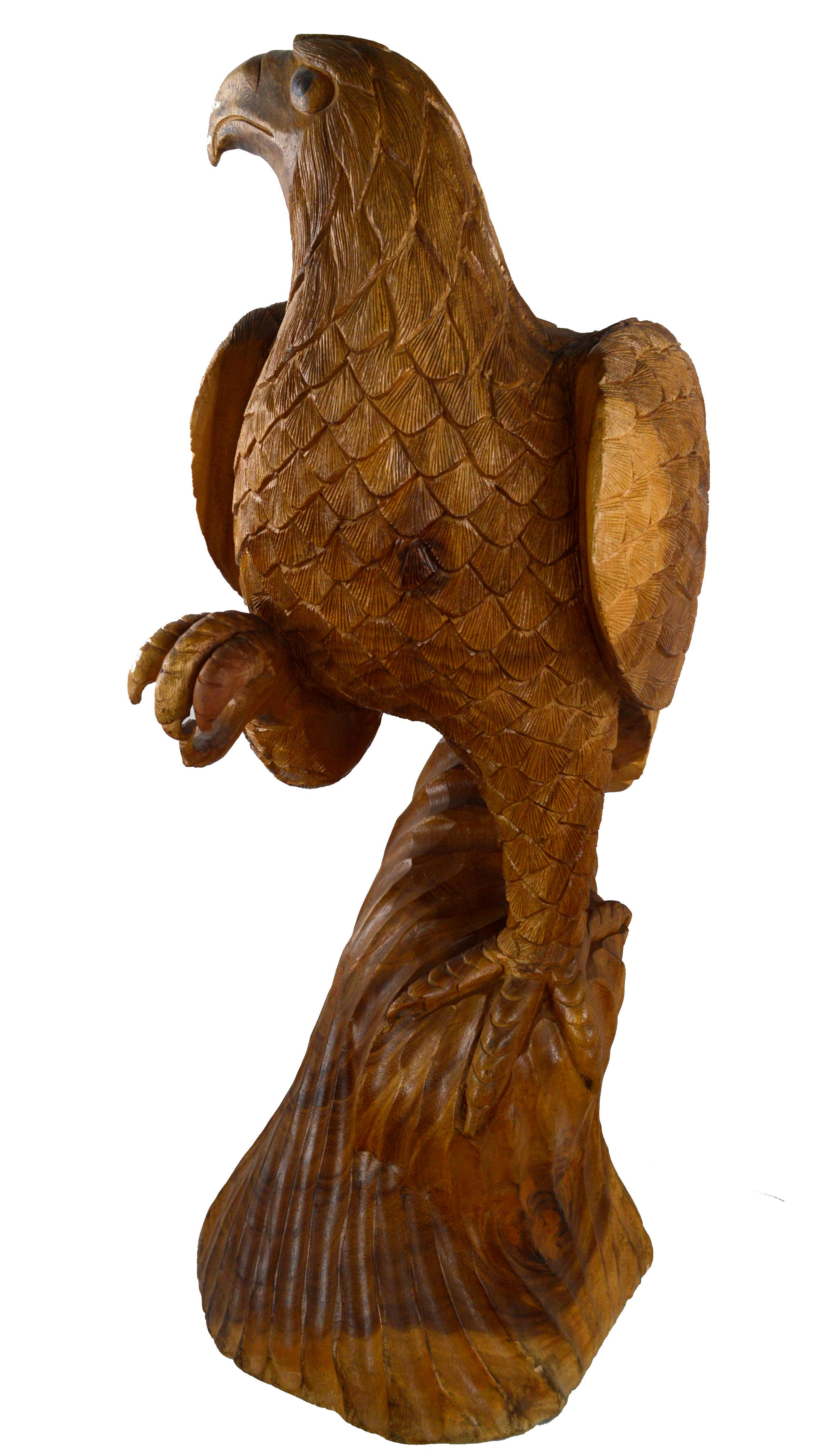 Hand Carved Wood Eagle Sculpture - Brown Figurative Sculpture by Unknown