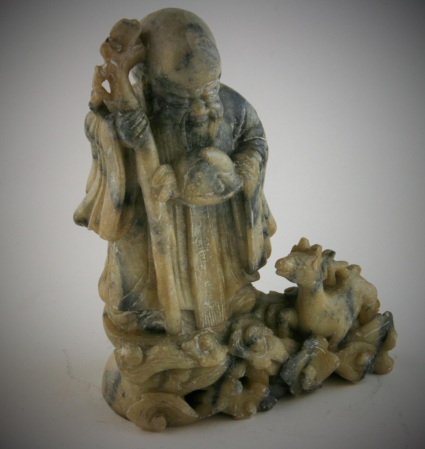 Unknown Figurative Sculpture - Happy Buddha Soapstone Sculpture with Turtle and Deer Late 19th Century