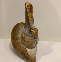 Hare, rabbit small sculpture or paperweight, gold paint, terracotta color finish