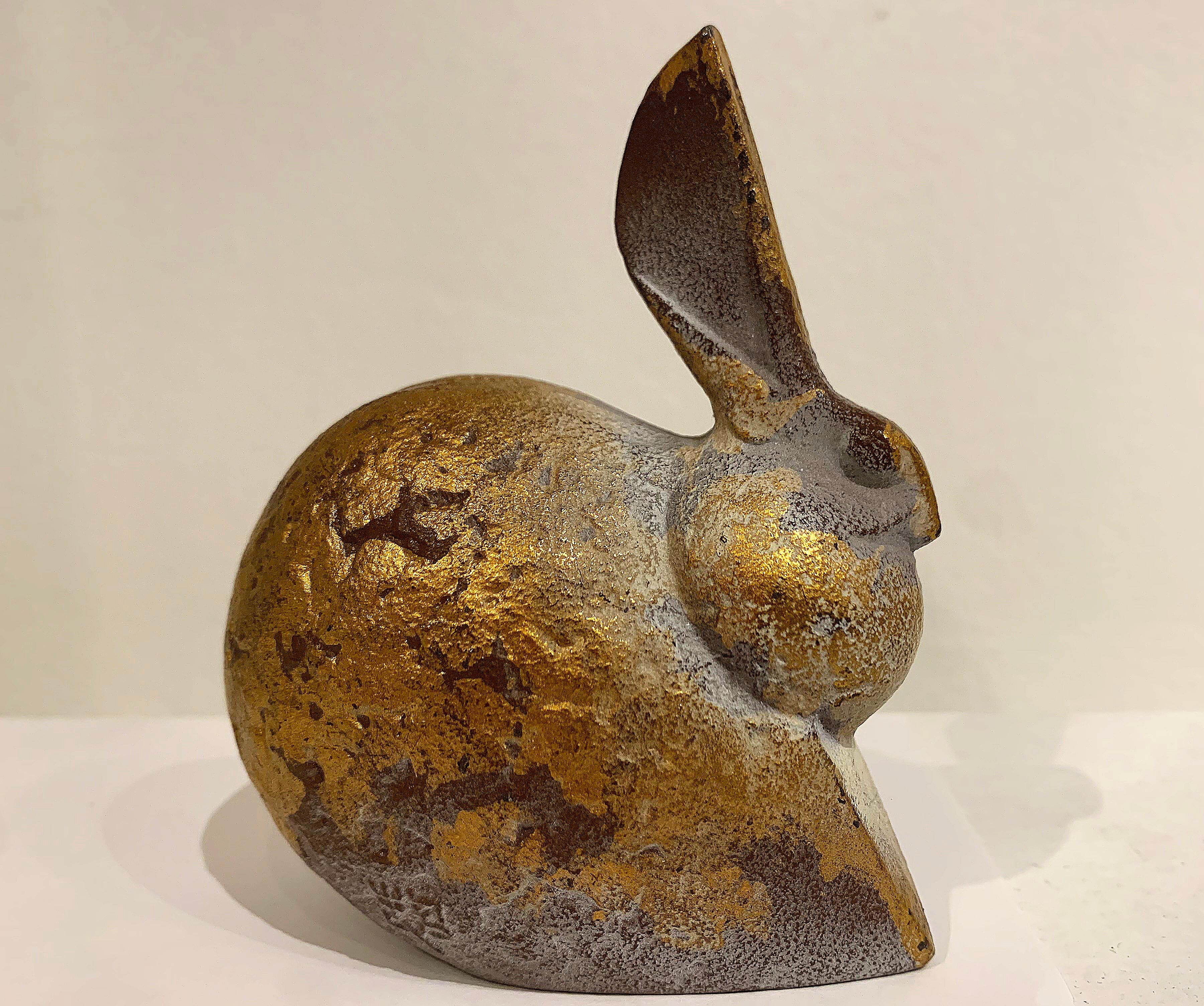 Hare, rabbit small sculpture or paperweight, gold paint, terracotta color finish - Art by Unknown