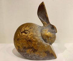 Vintage Hare, rabbit small sculpture or paperweight, gold paint, terracotta color finish