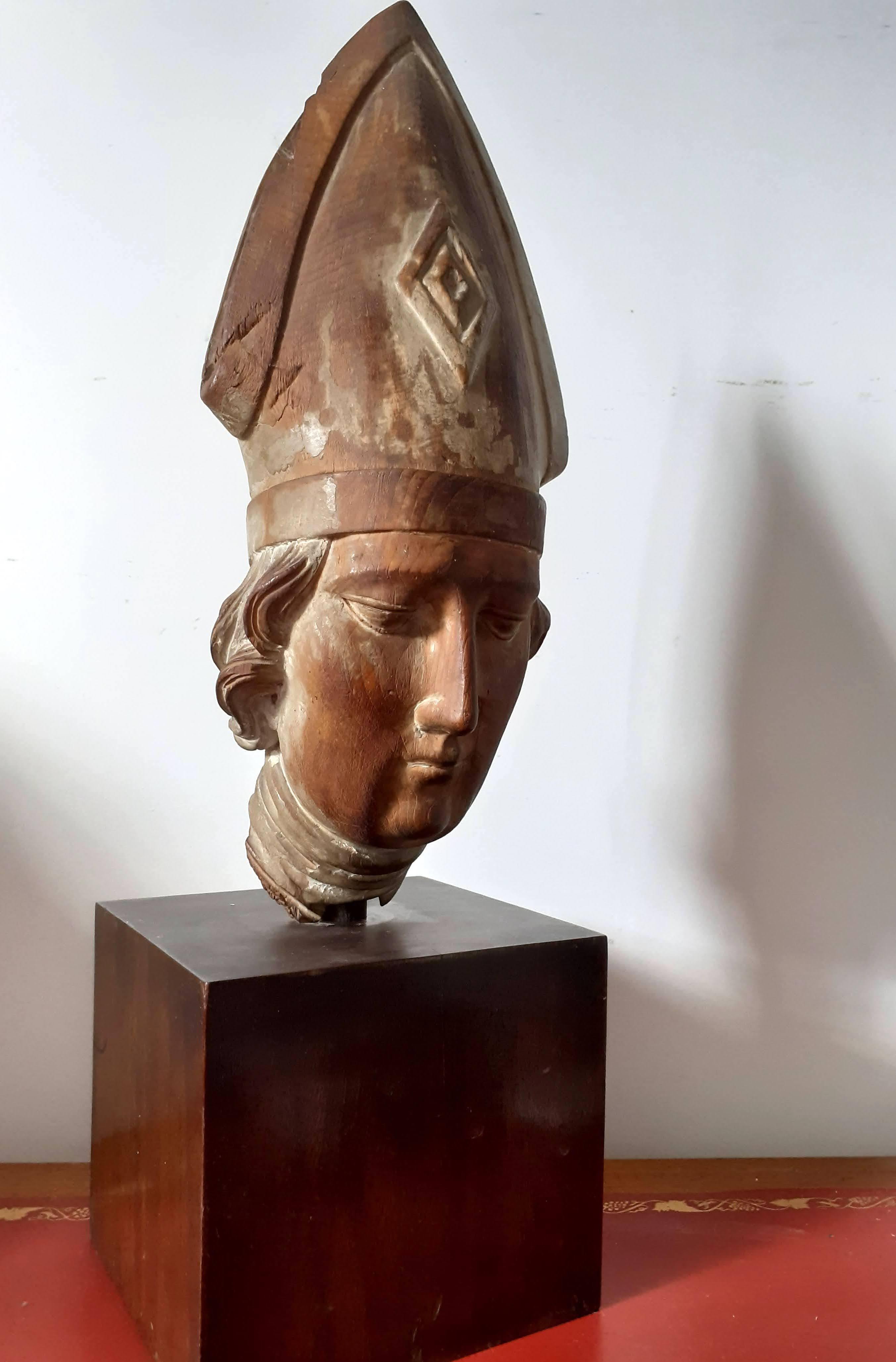 Head of a young man Saint Louis of Toulouse mediterranean santos wood carving  - Sculpture by Unknown