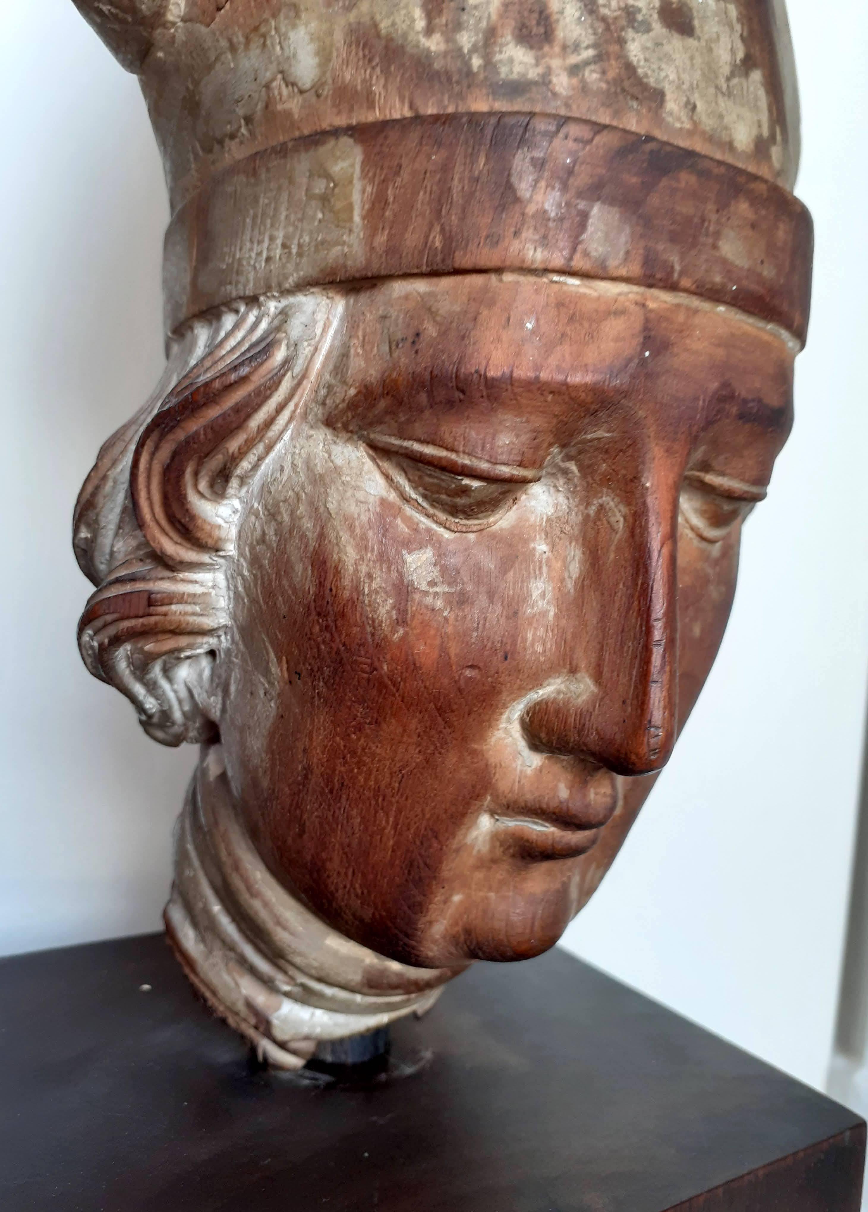 Unknown Figurative Sculpture - Head of a young man Saint Louis of Toulouse mediterranean santos wood carving 