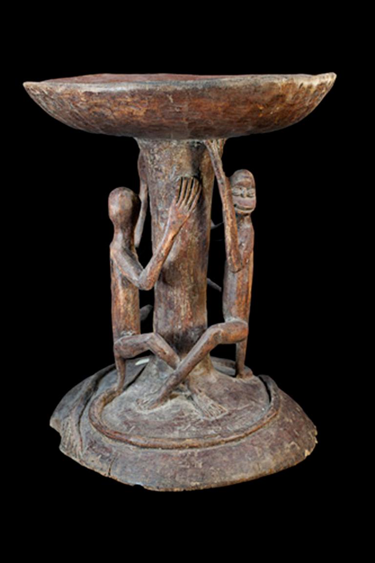 Unknown Figurative Sculpture - "Hemba Stool-Monkeys Zaire, " Carved Wood created circa 1900-1920 in Africa