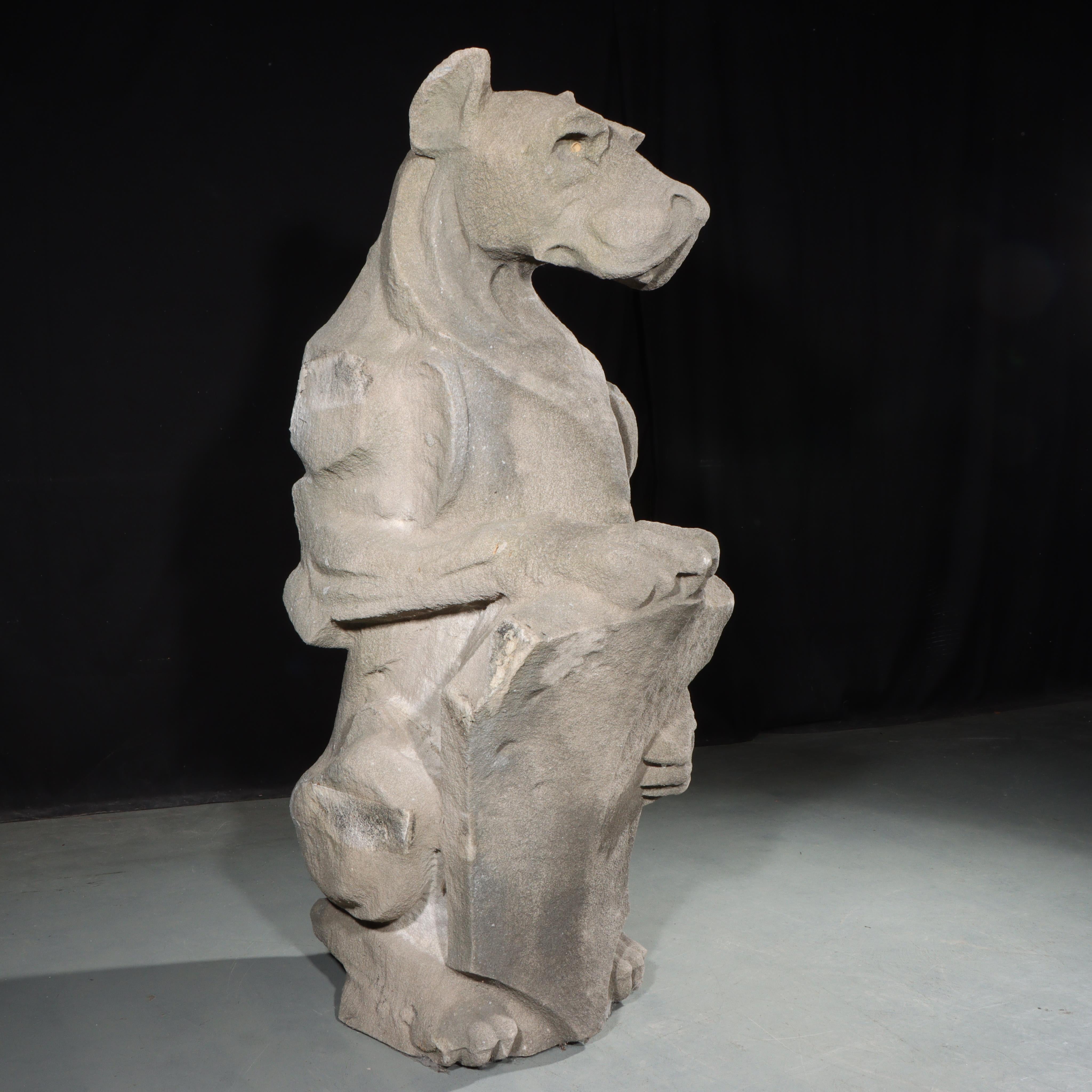 Heraldic dog Guardian; full body gargoyle/grotesque beast with shield - Gothic Sculpture by Unknown