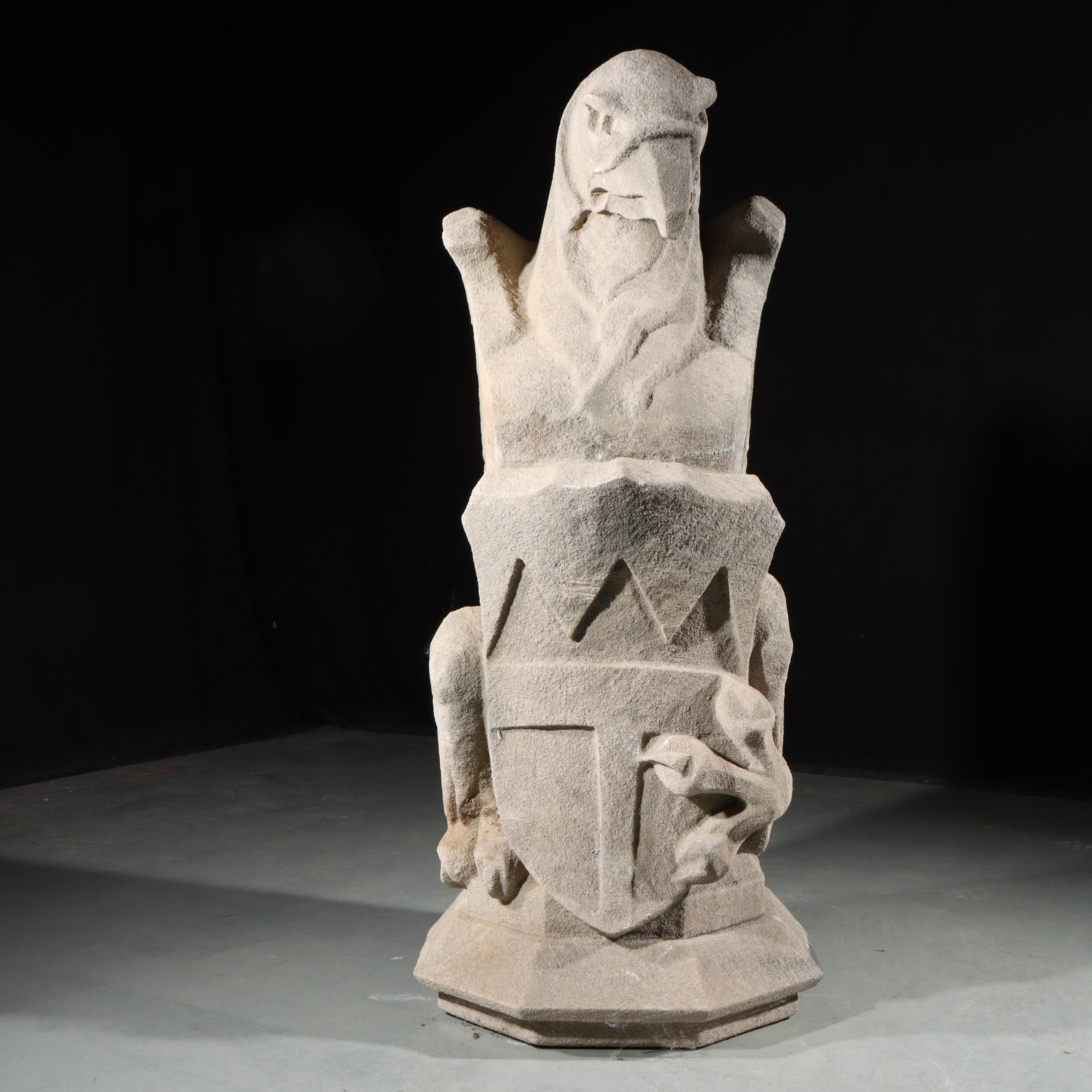 Heraldic Eagle Guardian; full body gargoyle/grotesque beast with shield - Gothic Sculpture by Unknown