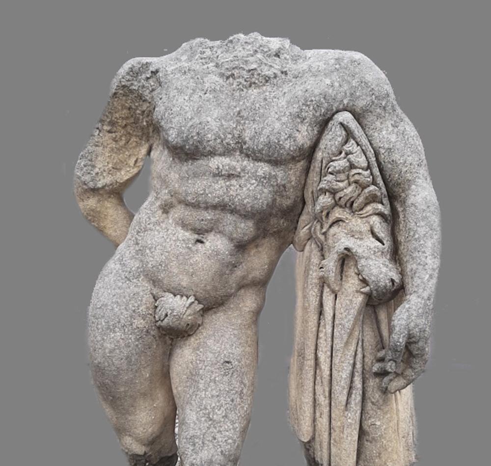  Hercules Italian Stone Sculpture of Classical Torso  with Base - Gray Nude Sculpture by Unknown