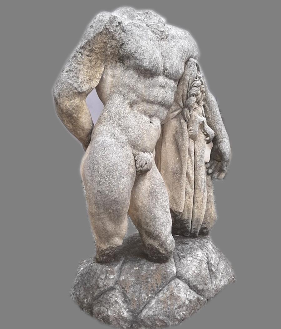  Hercules Italian Stone Sculpture of Classical Torso  with Base - Gray Nude Sculpture by Unknown