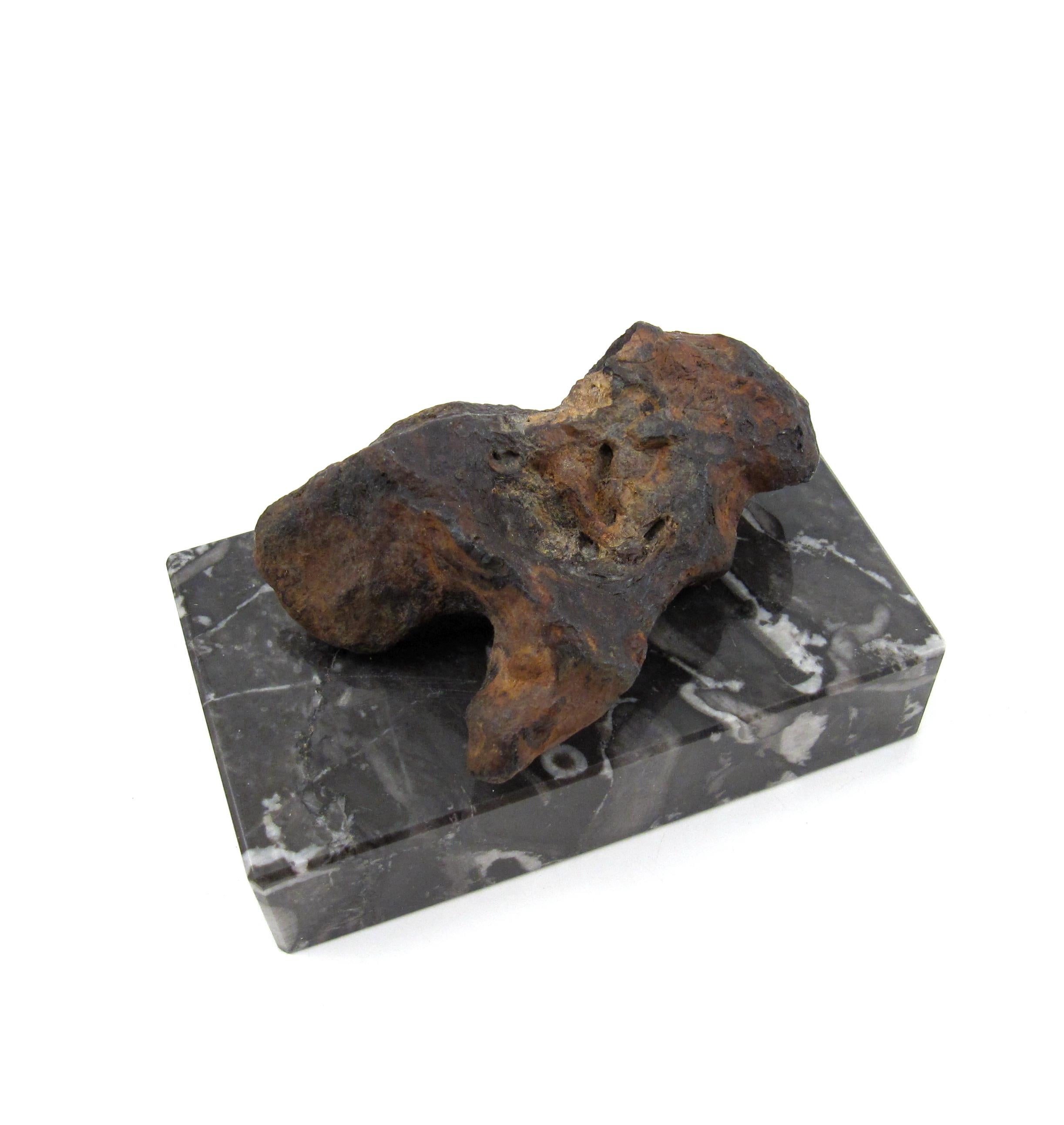 Eine von der Natur geformte Eisenskulptur

Der skulpturale Meteorit wird auf einem polierten, schwarz-weiß geflammten Marmorblock präsentiert und von einem starken Magneten gehalten. Das Exemplar kann je nach Wunsch des Besitzers entfernt oder