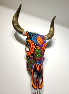 Huichol Bull Skull Sculpture, Contemporary Mixed Media, 2010+, New