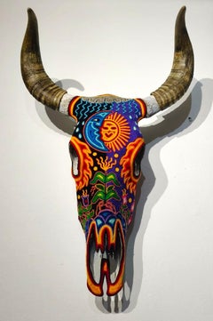 Huichol Bull Skull Sculpture, Contemporary Mixed Media, 2010+, New