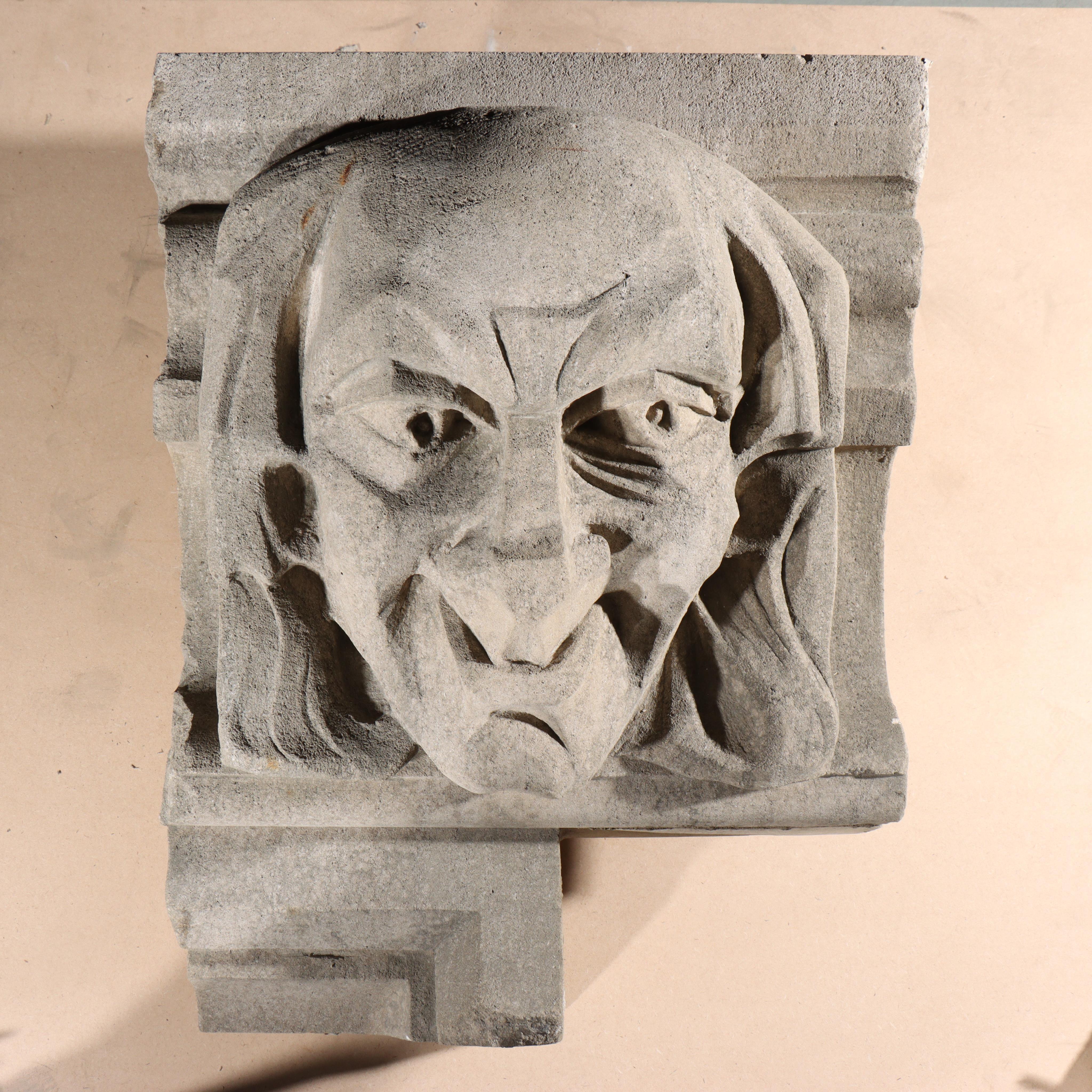 Human face gargoyle/grotesque grinning old man; Gothic Limestone Carving - Beige Figurative Sculpture by Unknown