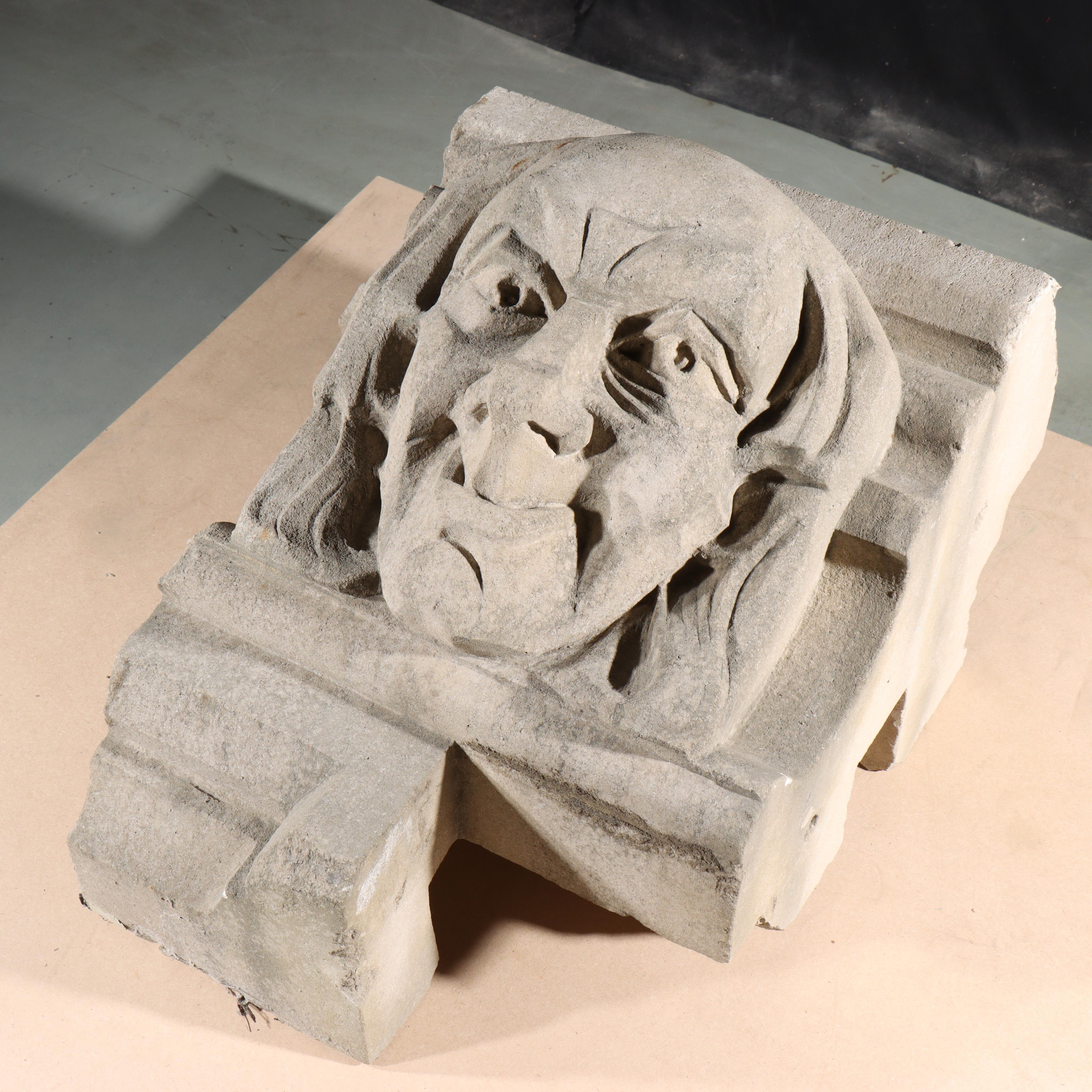 Human face gargoyle/grotesque grinning old man; Gothic Limestone Carving For Sale 3