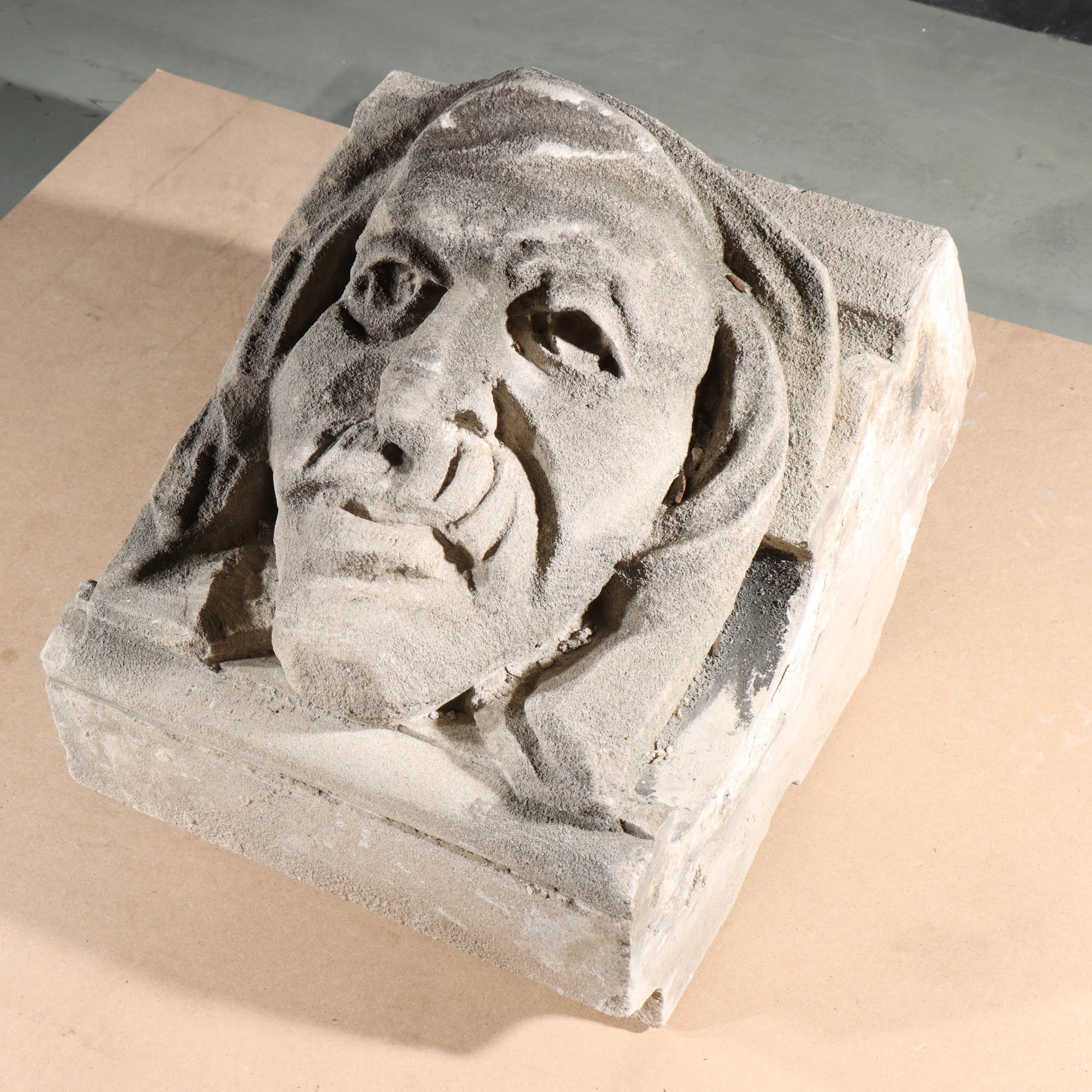 Human face gargoyle/grotesque man with mustache; Gothic Limestone Carving For Sale 6