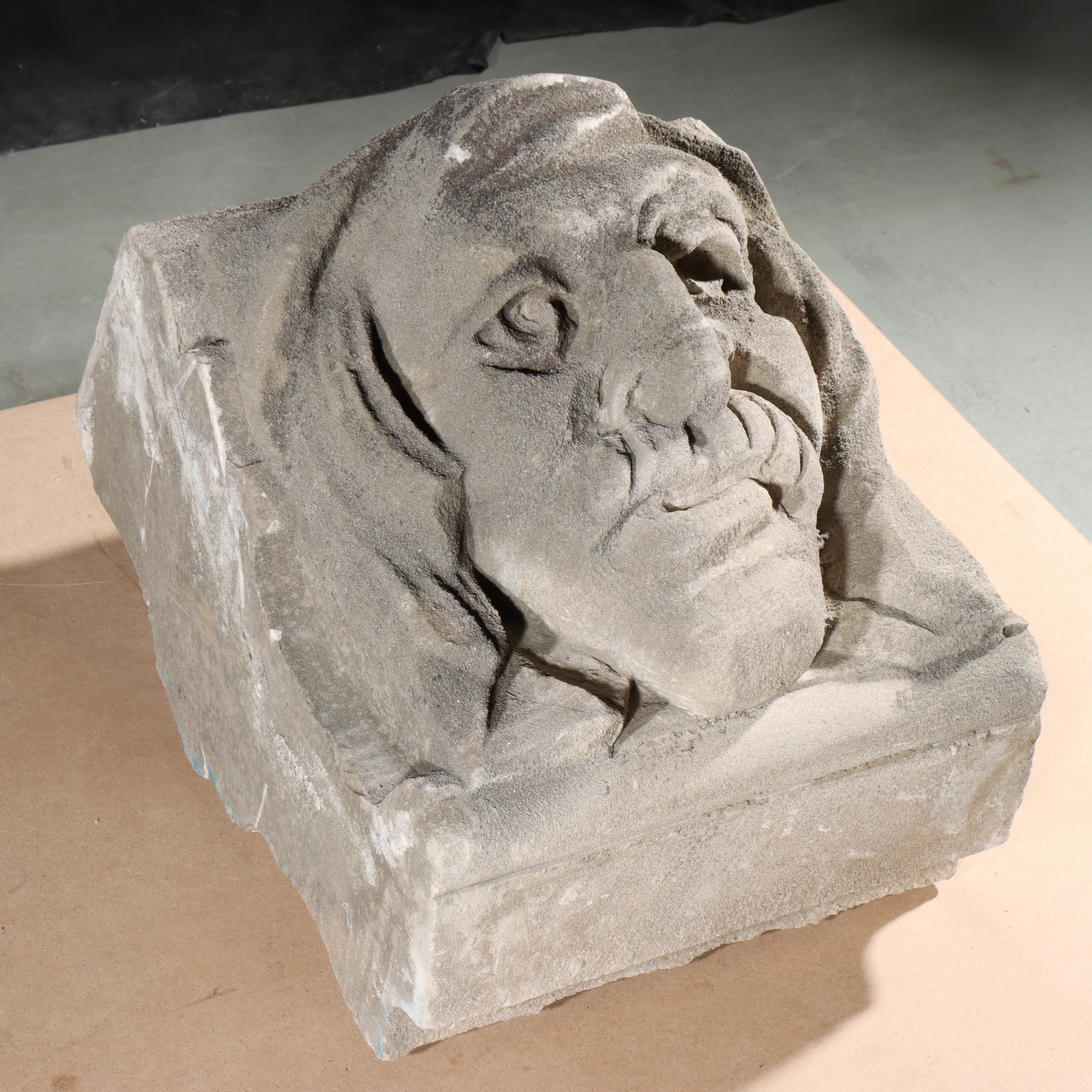 Human face gargoyle/grotesque man with mustache; Gothic Limestone Carving For Sale 7