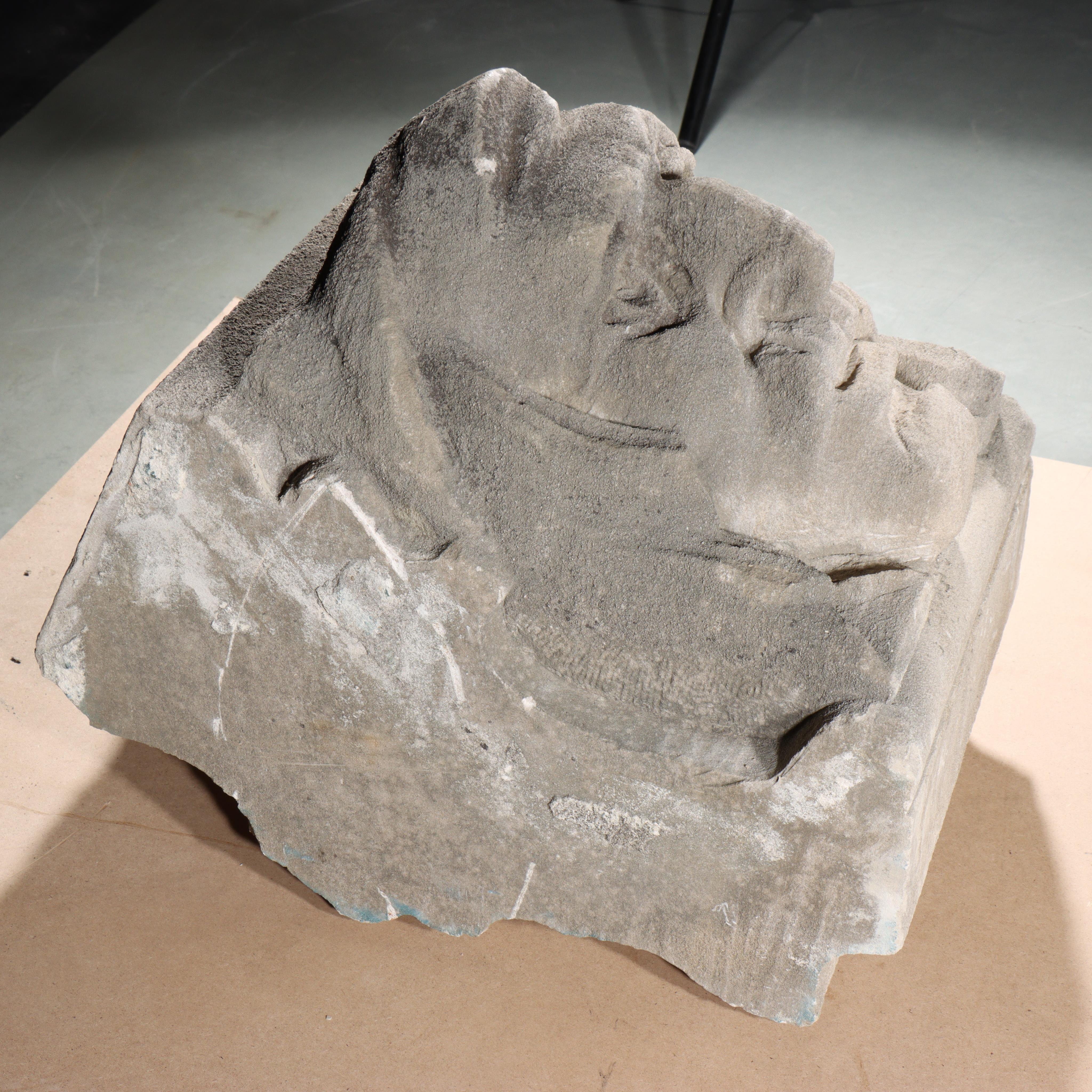 Human face gargoyle/grotesque man with mustache; Gothic Limestone Carving - Sculpture by Unknown