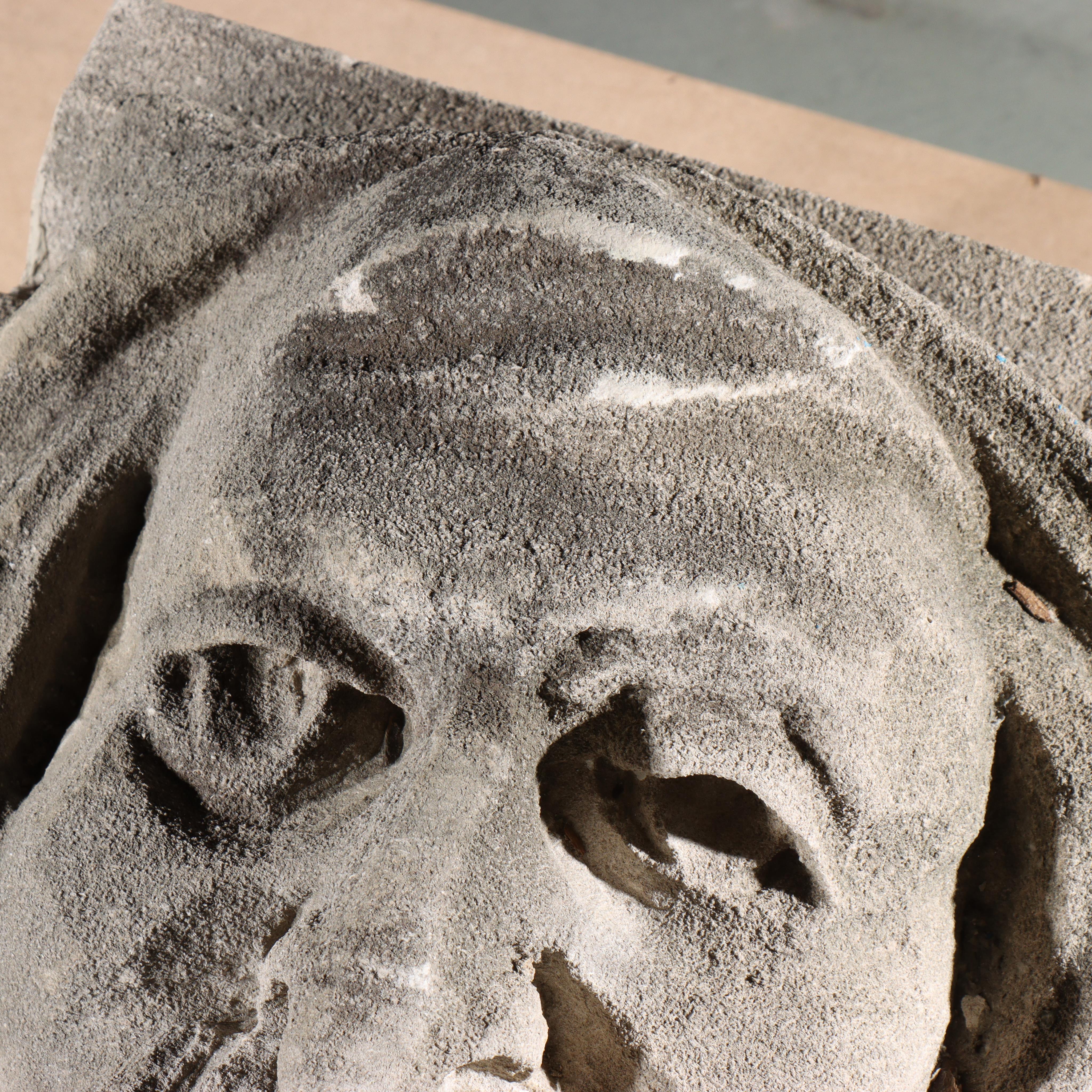 Human face gargoyle/grotesque man with mustache; Gothic Limestone Carving - Beige Figurative Sculpture by Unknown