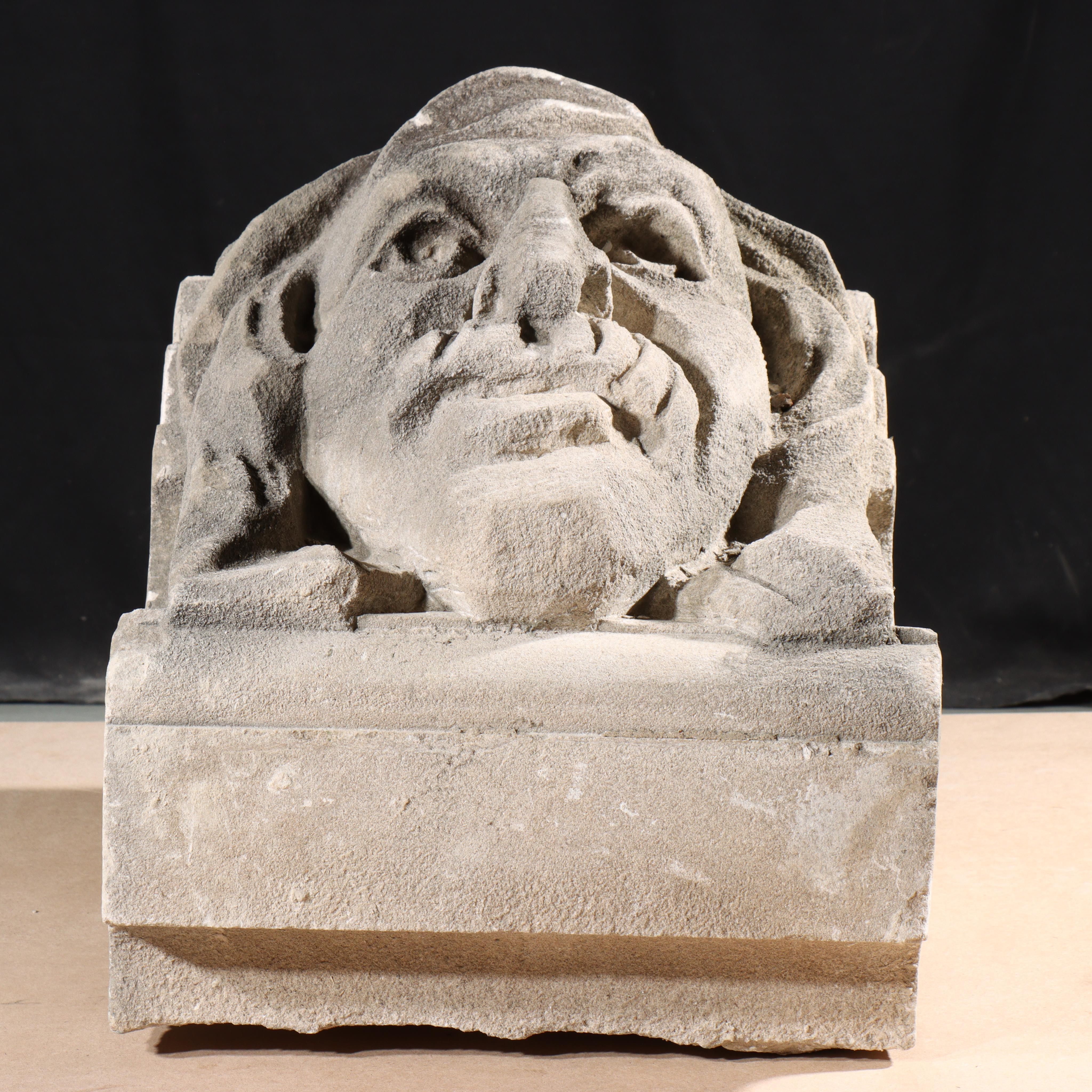 Human face gargoyle/grotesque man with mustache; Gothic Limestone Carving For Sale 1