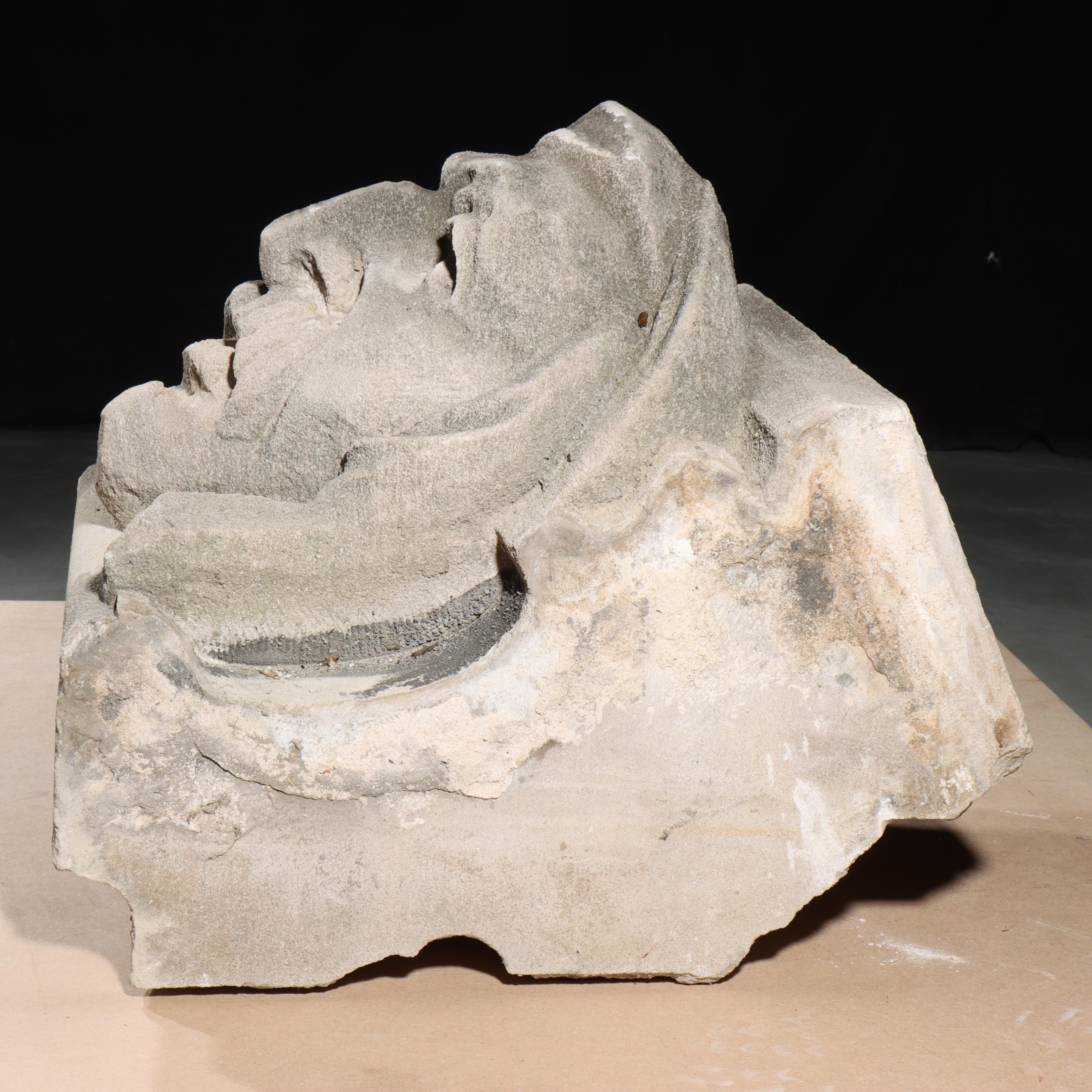 Human face gargoyle/grotesque man with mustache; Gothic Limestone Carving For Sale 5