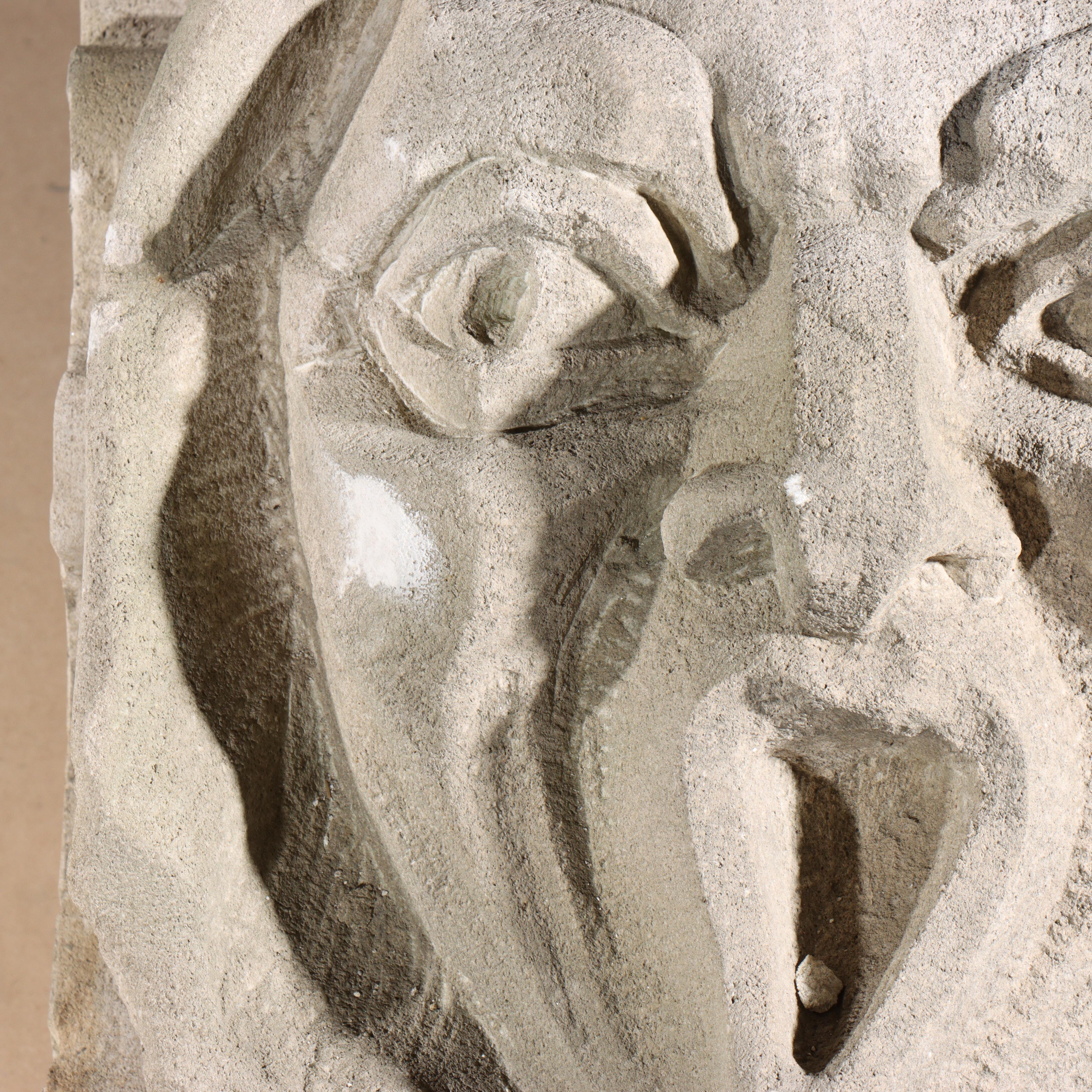 Human face gargoyle/grotesque screaming man; Gothic Limestone Carving - Beige Figurative Sculpture by Unknown
