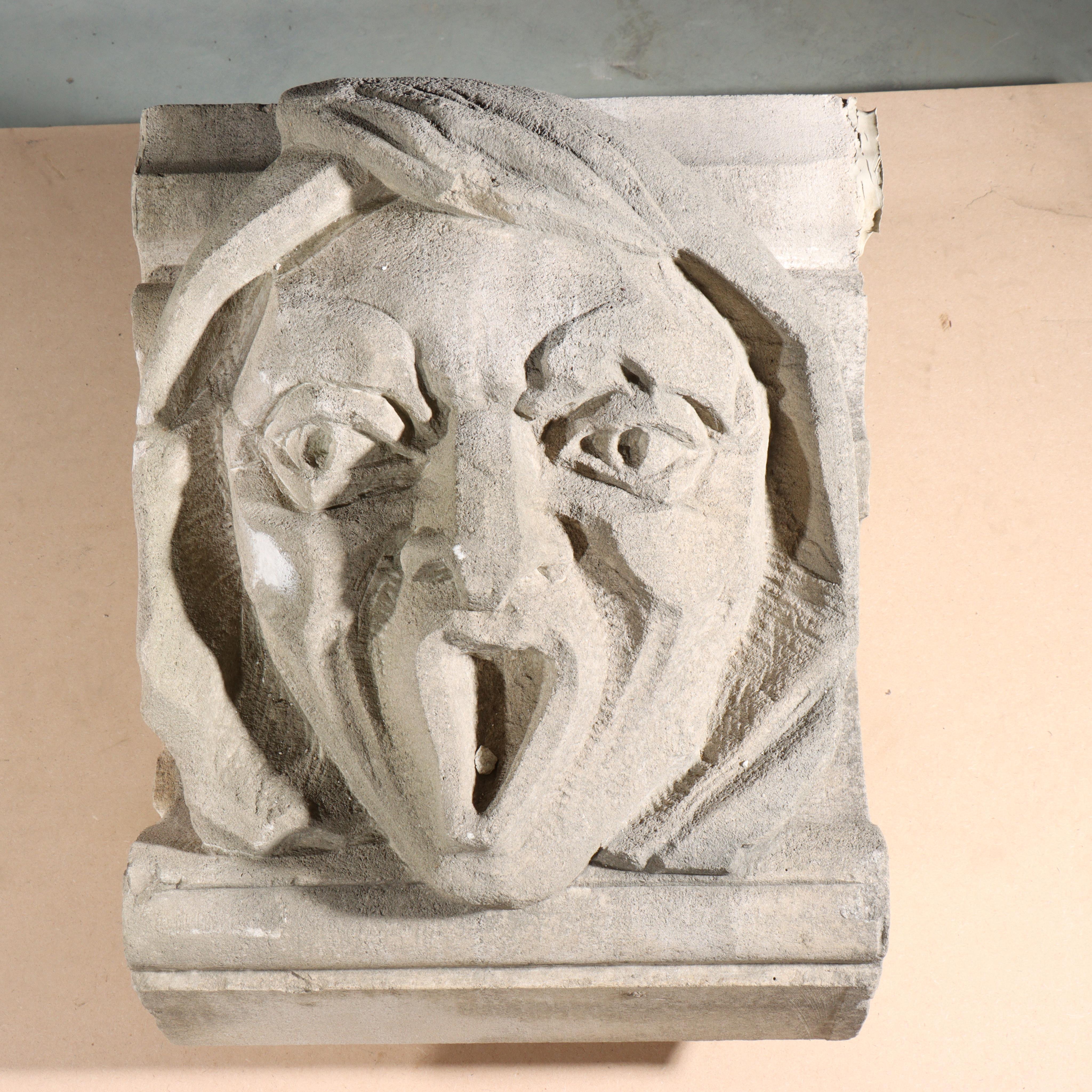 Human face gargoyle/grotesque screaming man; Gothic Limestone Carving For Sale 1
