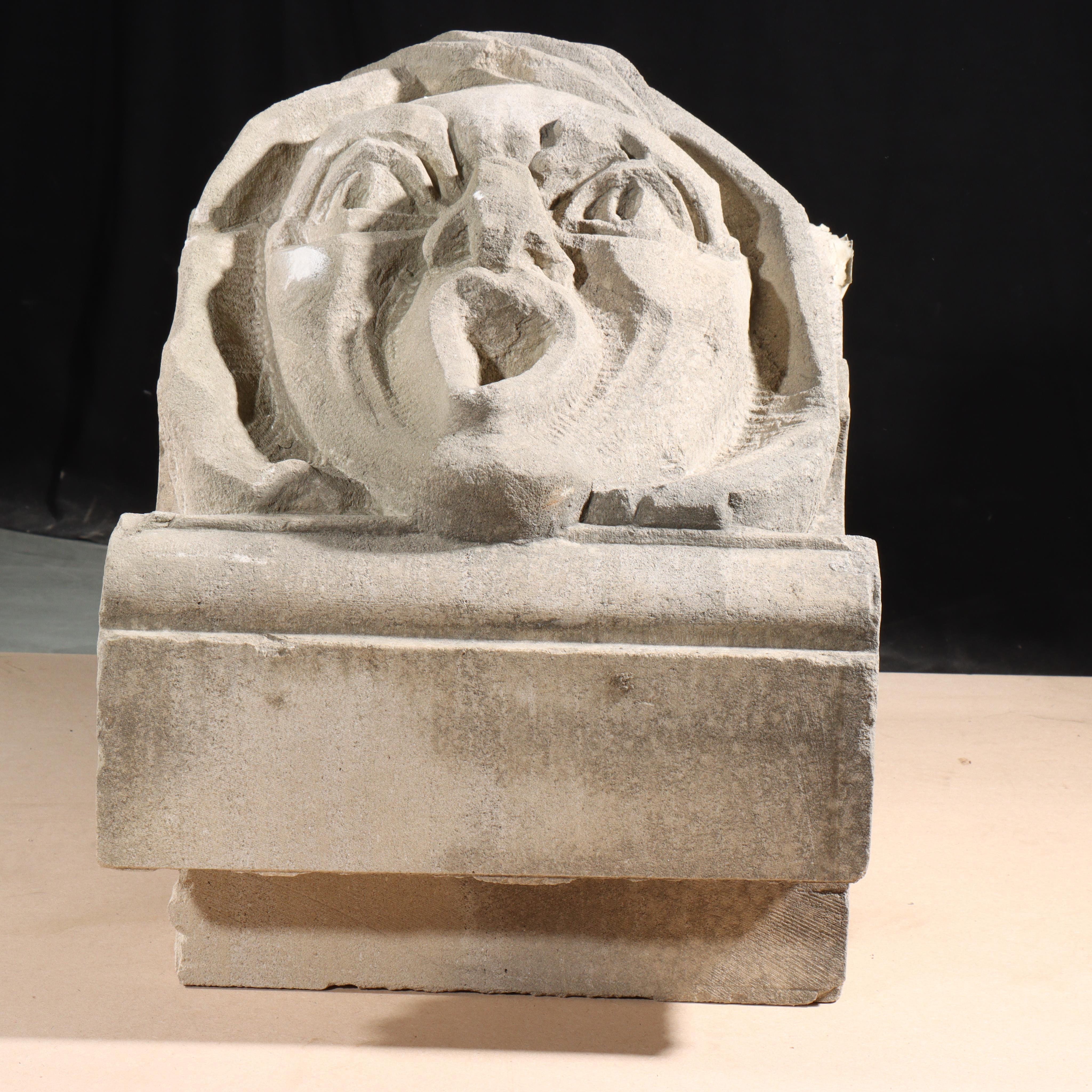 Human face gargoyle/grotesque screaming man; Gothic Limestone Carving For Sale 3