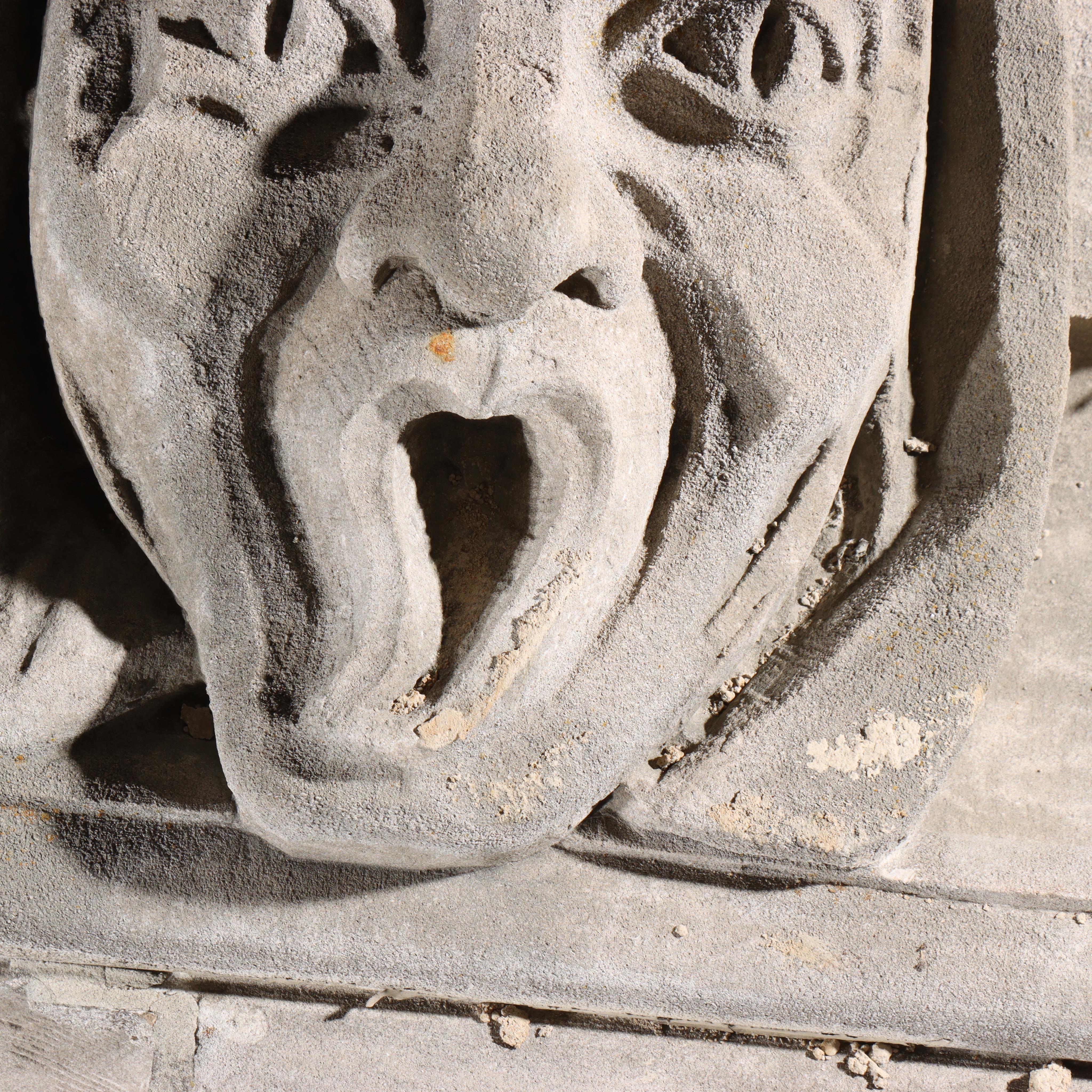 Human face gargoyle/grotesque screaming woman/man; Gothic Limestone Carving For Sale 6