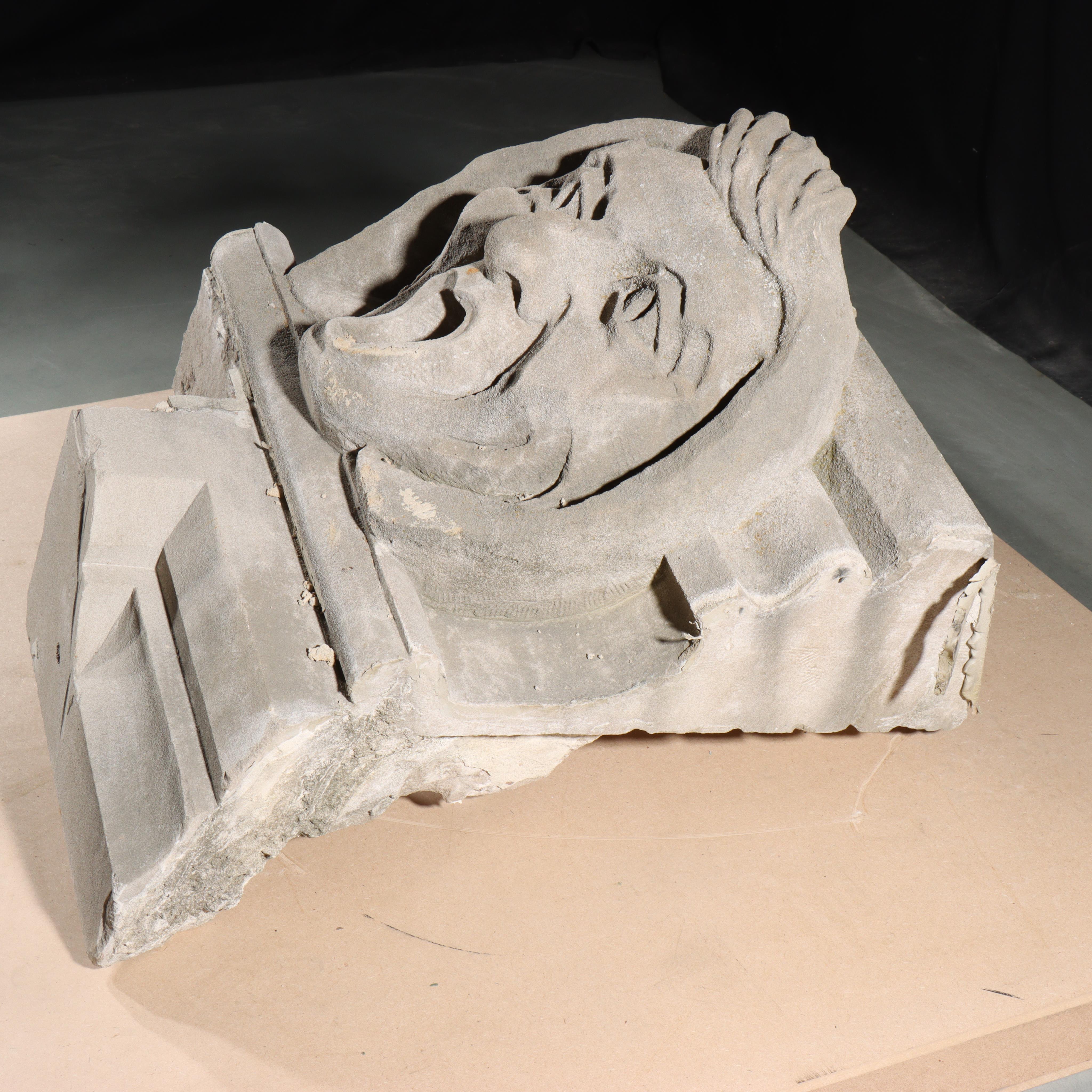 Human face gargoyle/grotesque screaming woman/man; Gothic Limestone Carving - Sculpture by Unknown