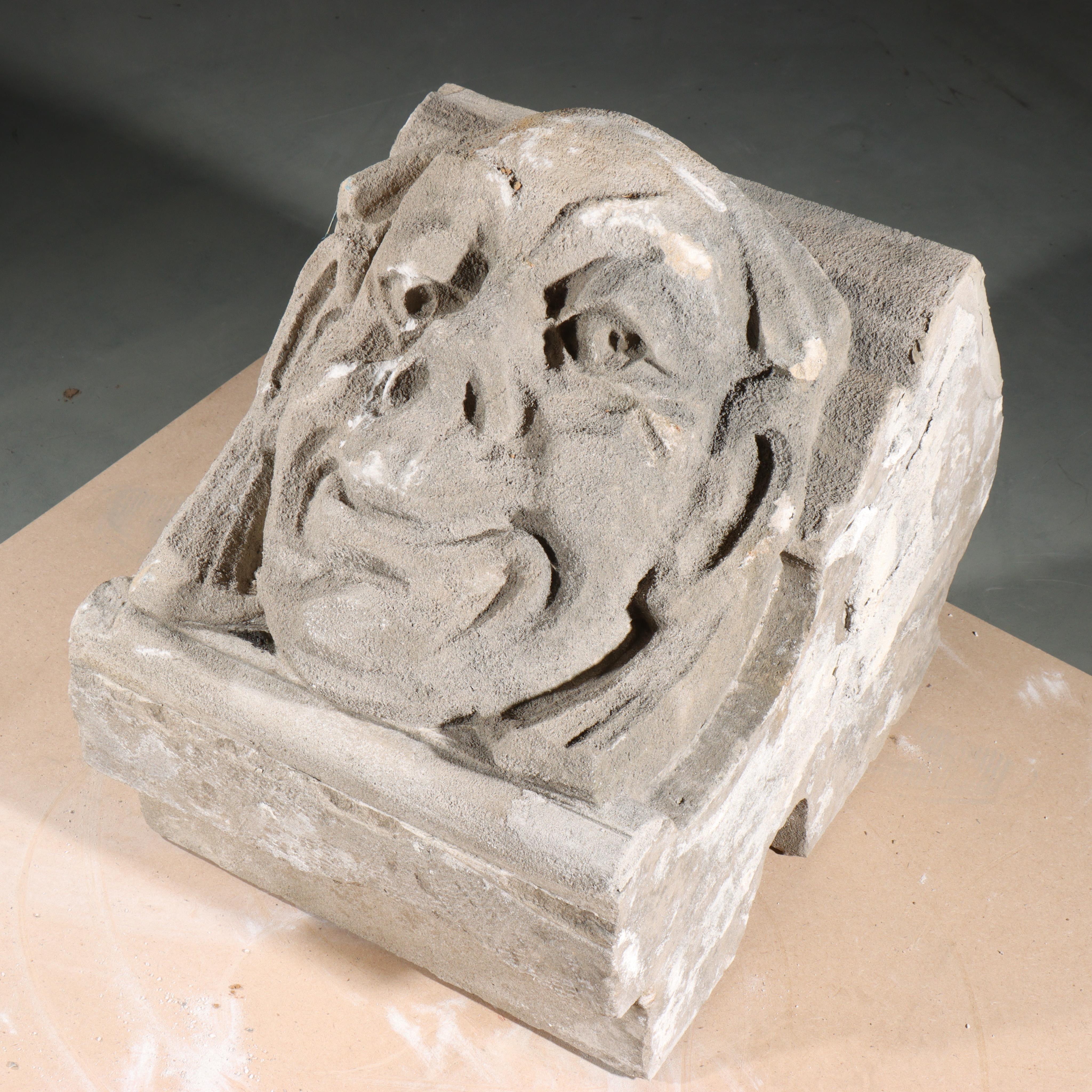 Human face gargoyle/grotesque silly smiling man; Gothic Limestone Carving For Sale 1