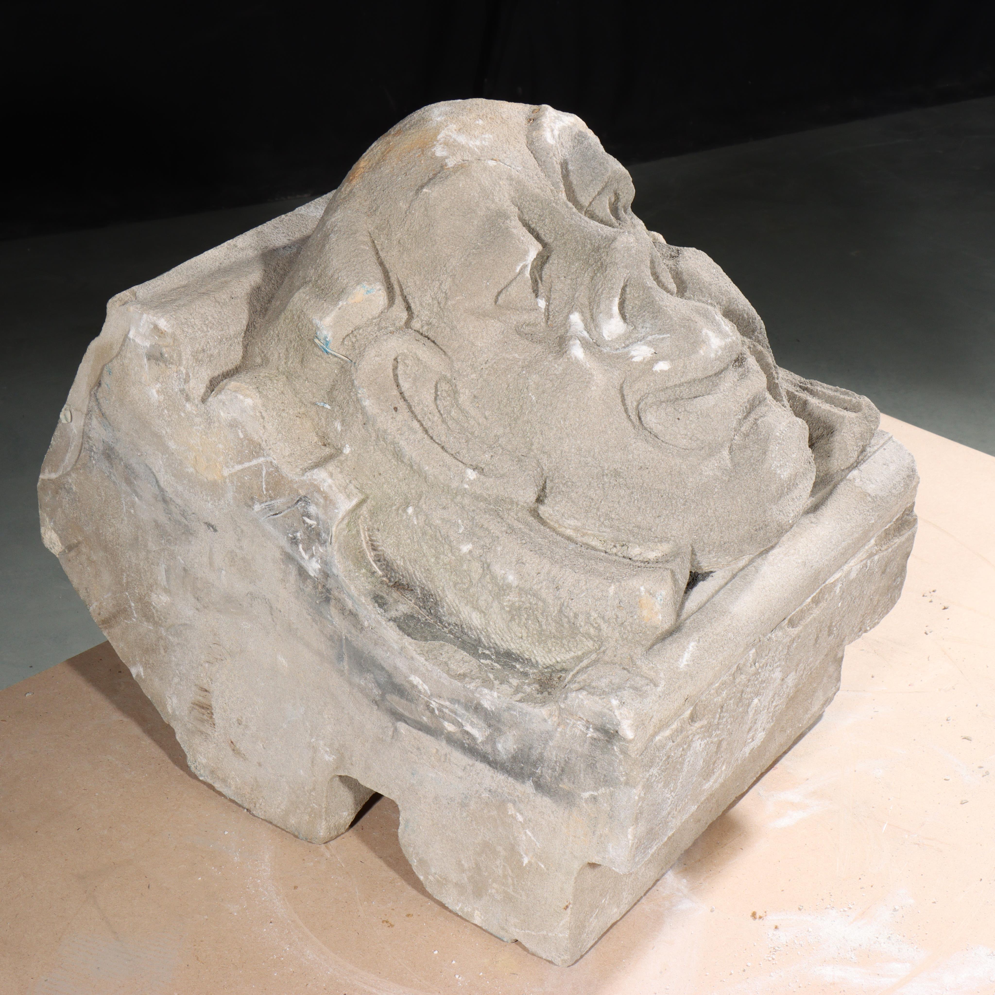 Human face gargoyle/grotesque silly smiling man; Gothic Limestone Carving For Sale 2