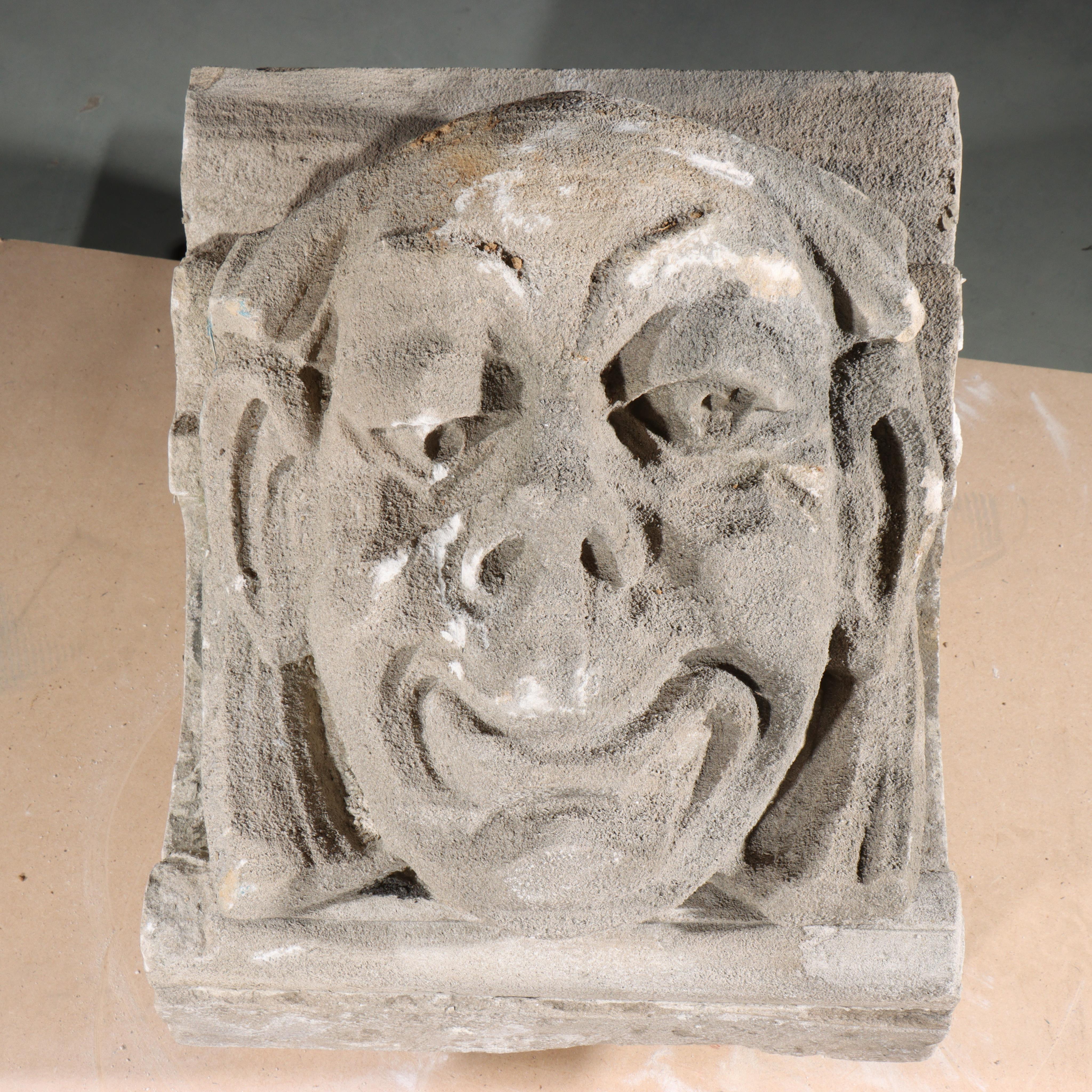 Human face gargoyle/grotesque silly smiling man; Gothic Limestone Carving For Sale 3