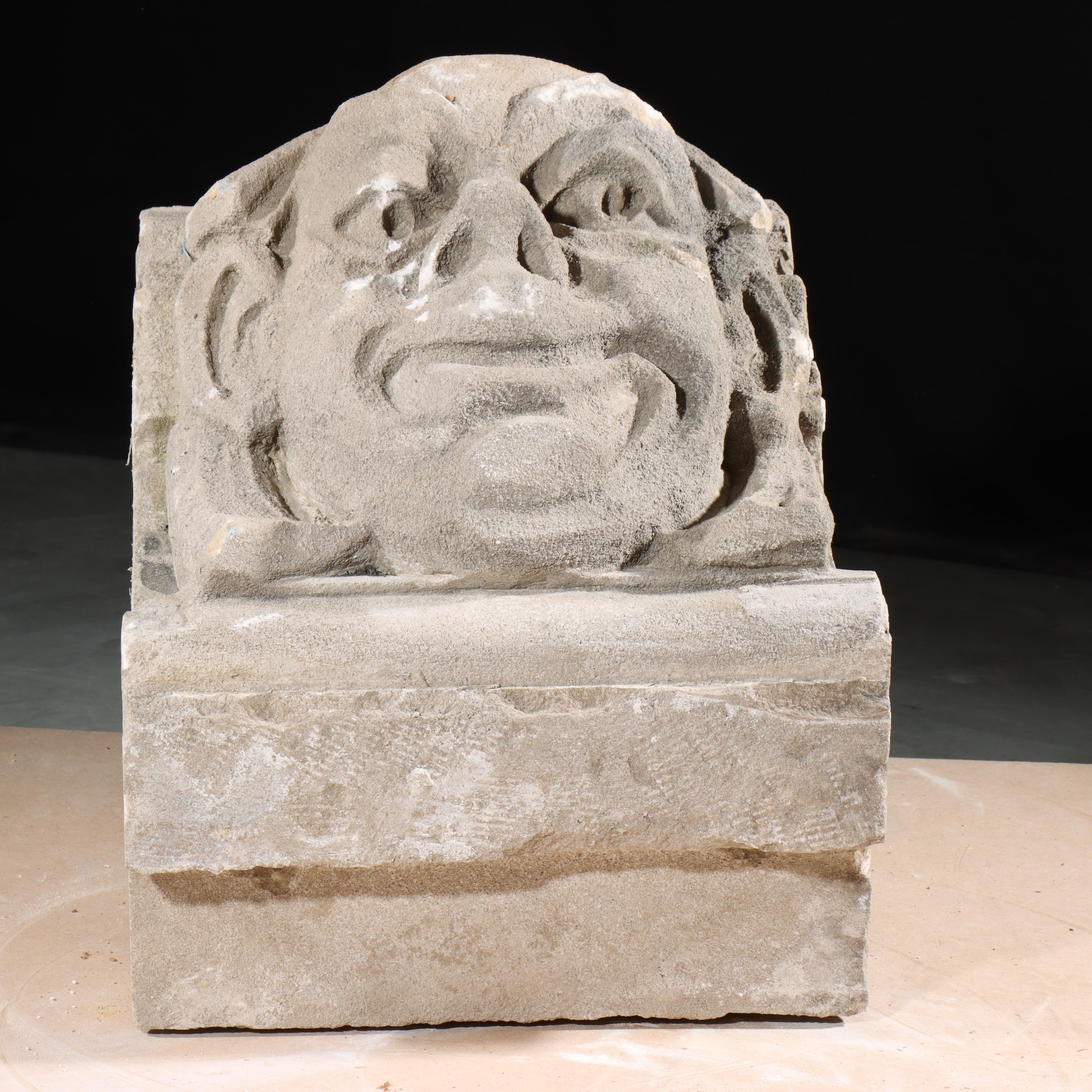 Human face gargoyle/grotesque silly smiling man; Gothic Limestone Carving For Sale 4