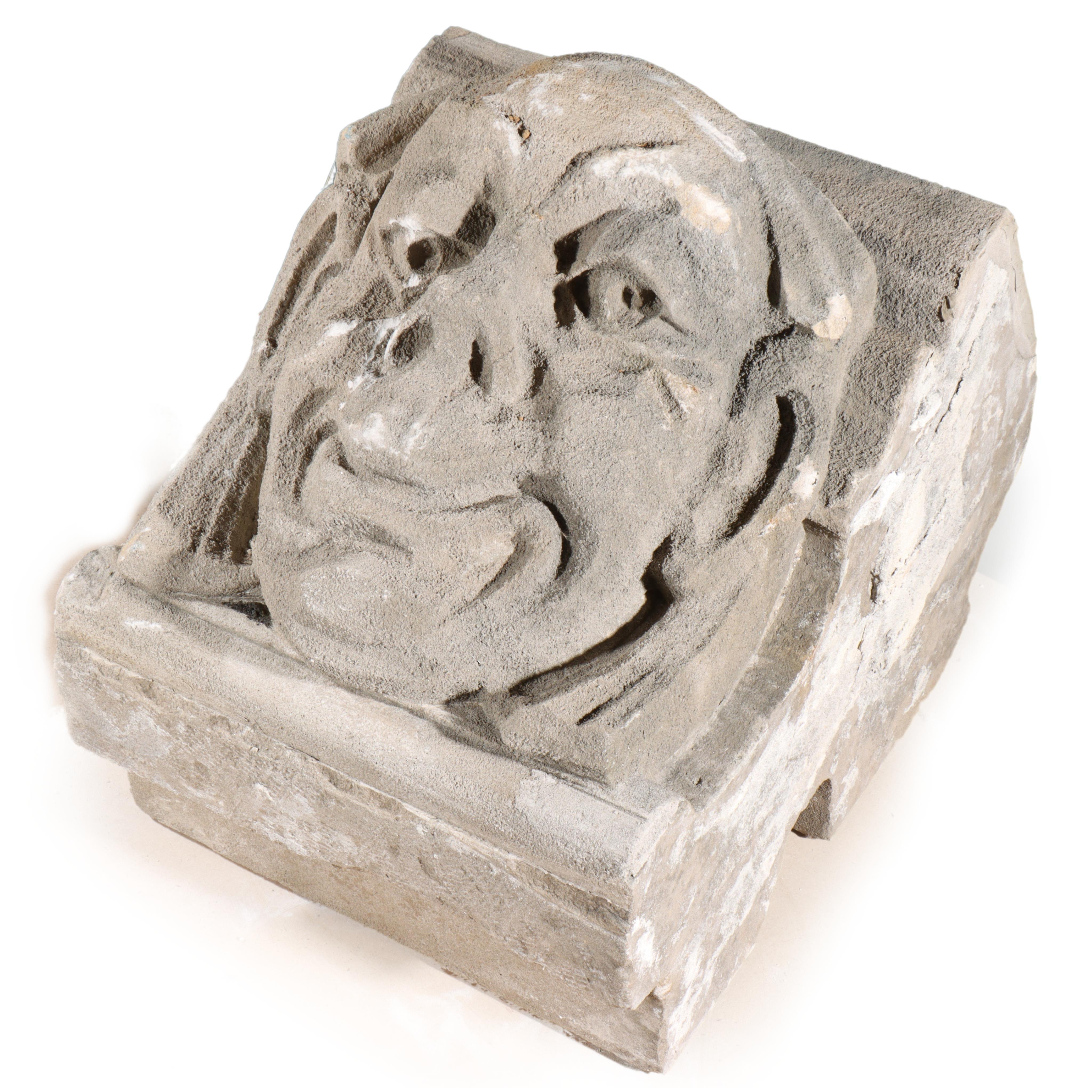 Unknown Figurative Sculpture - Human face gargoyle/grotesque silly smiling man; Gothic Limestone Carving