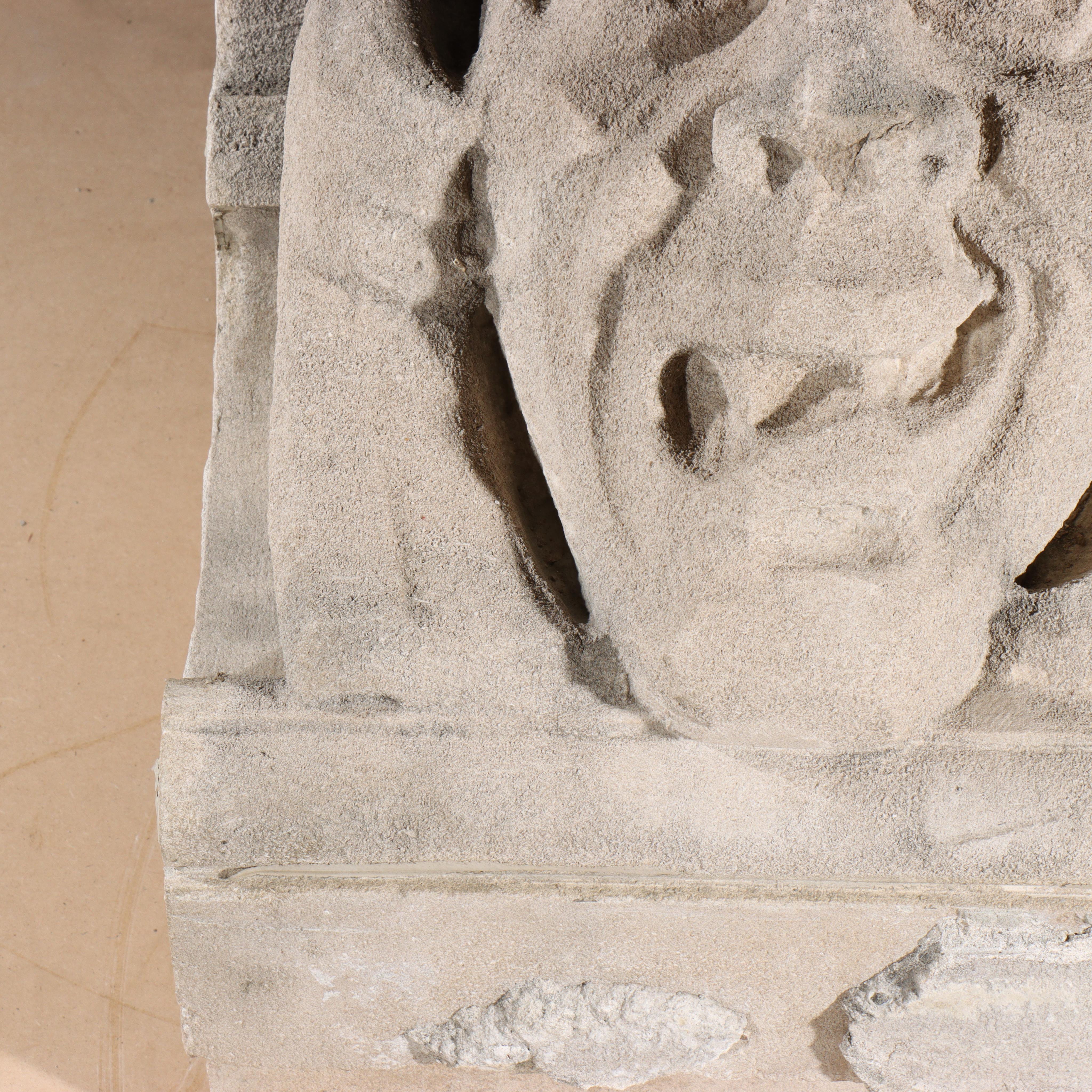 Human face gargoyle/grotesque snarling man; Gothic Limestone Carving - Sculpture by Unknown