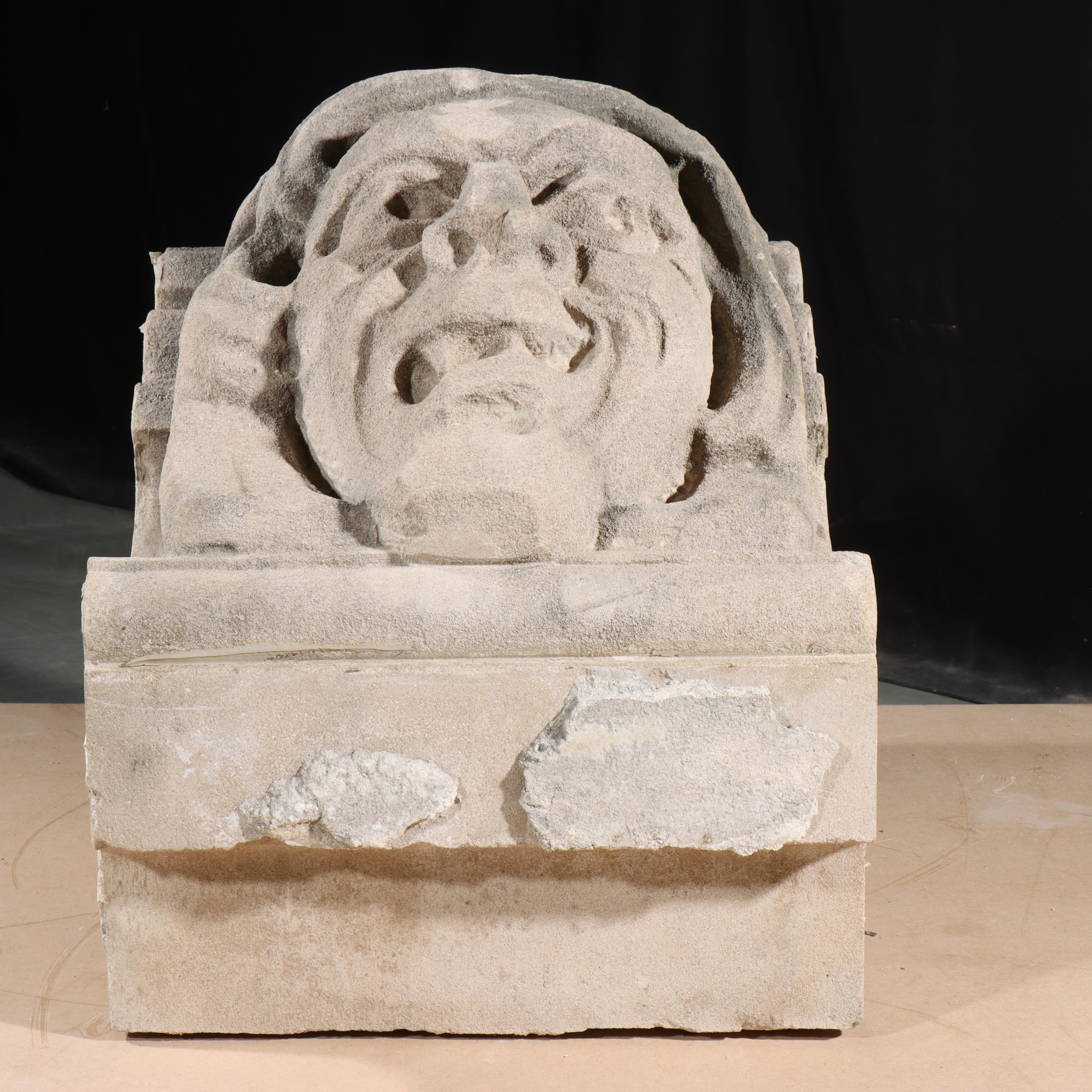 Human face gargoyle/grotesque snarling man; Gothic Limestone Carving - Beige Figurative Sculpture by Unknown