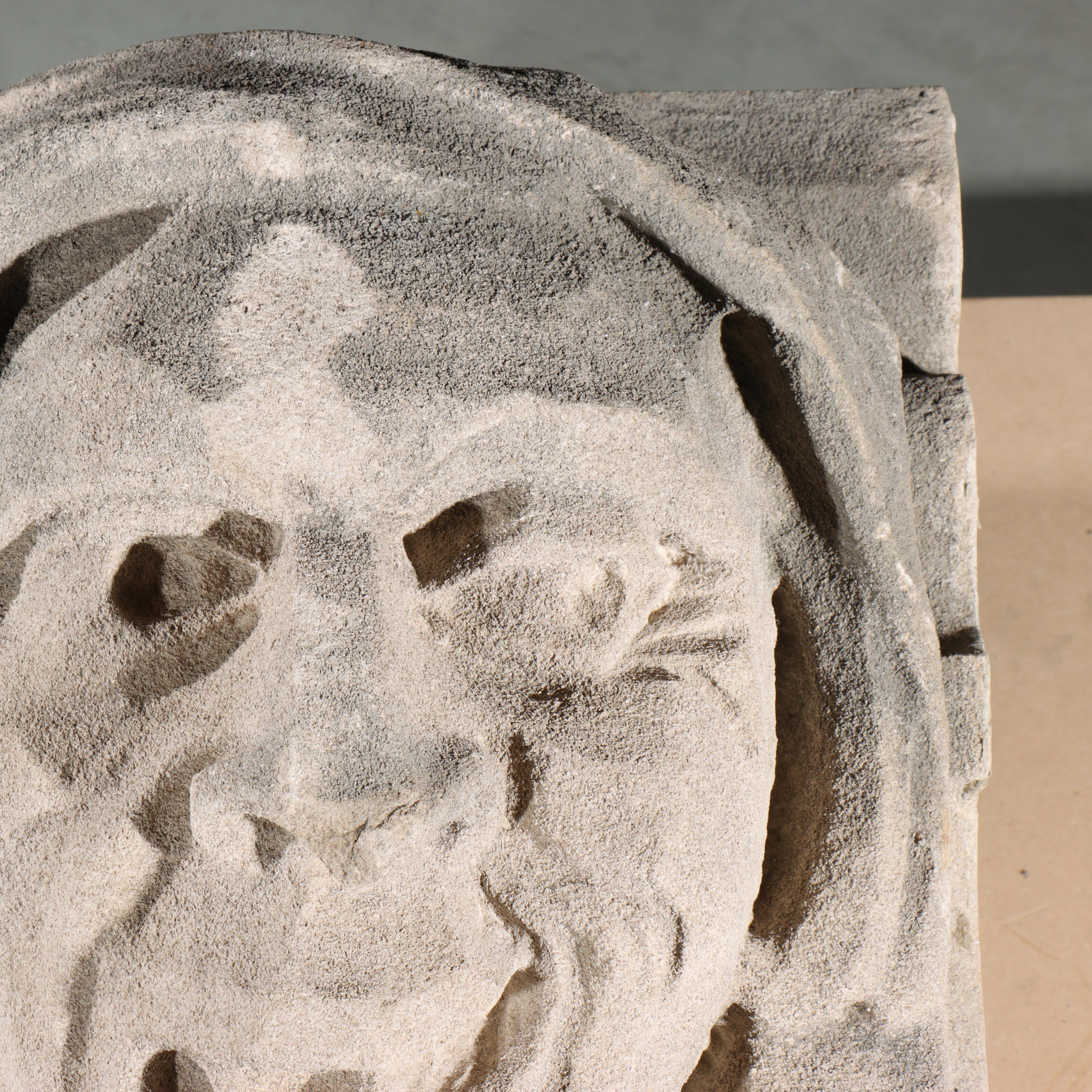 Human face gargoyle/grotesque snarling man; Gothic Limestone Carving For Sale 2