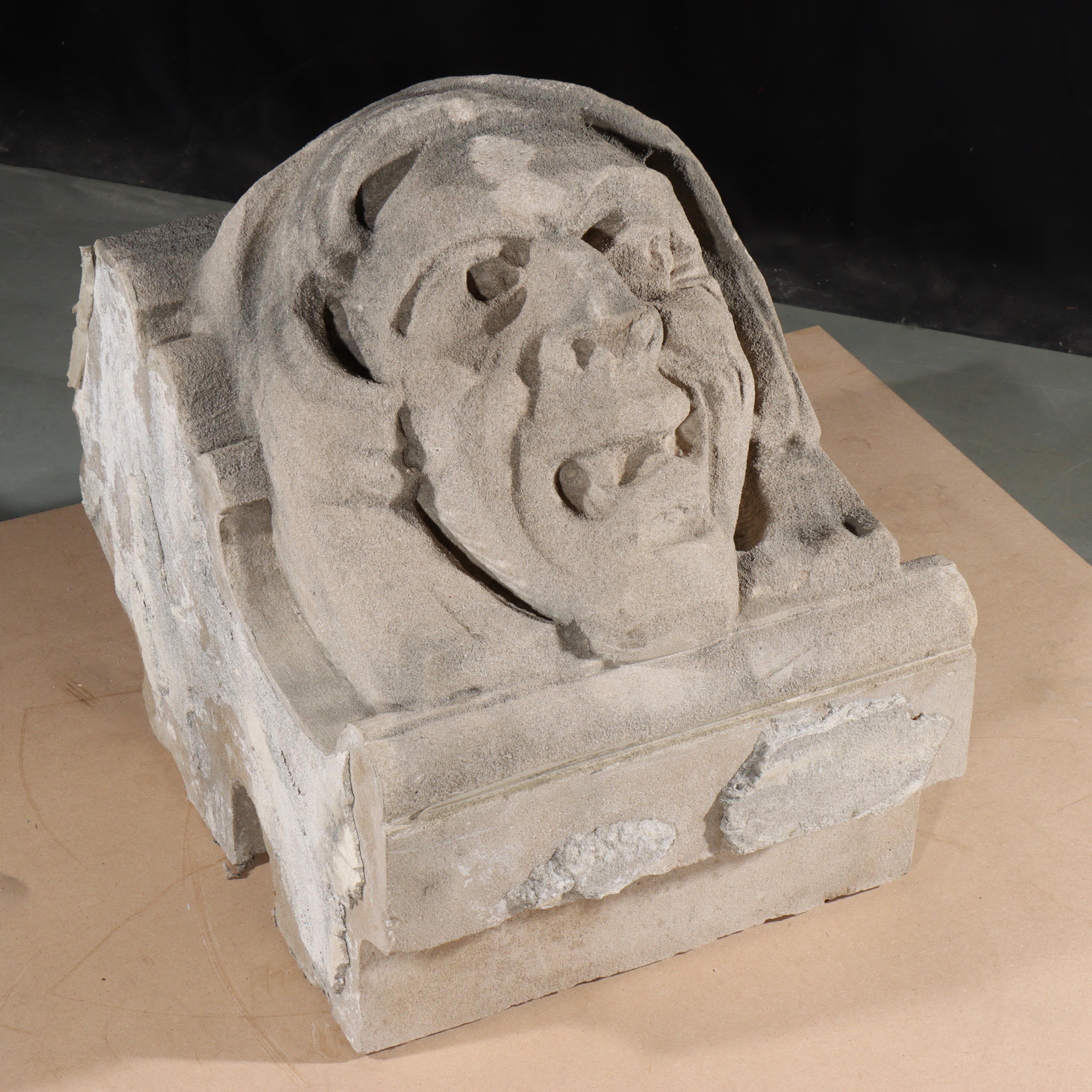 Human face gargoyle/grotesque snarling man; Gothic Limestone Carving For Sale 4