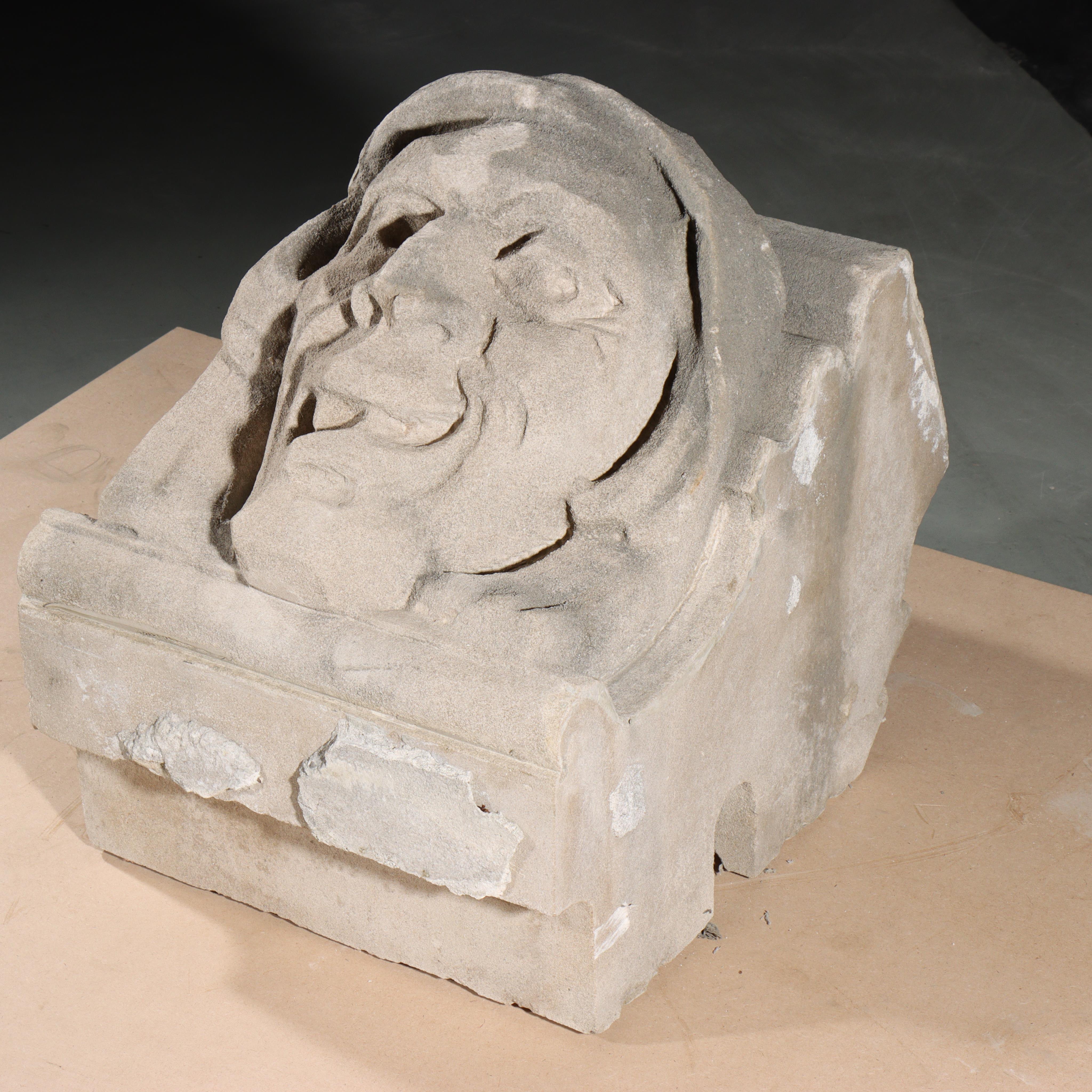 Human face gargoyle/grotesque snarling man; Gothic Limestone Carving For Sale 5