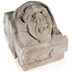Human face gargoyle/grotesque snarling man; Gothic Limestone Carving