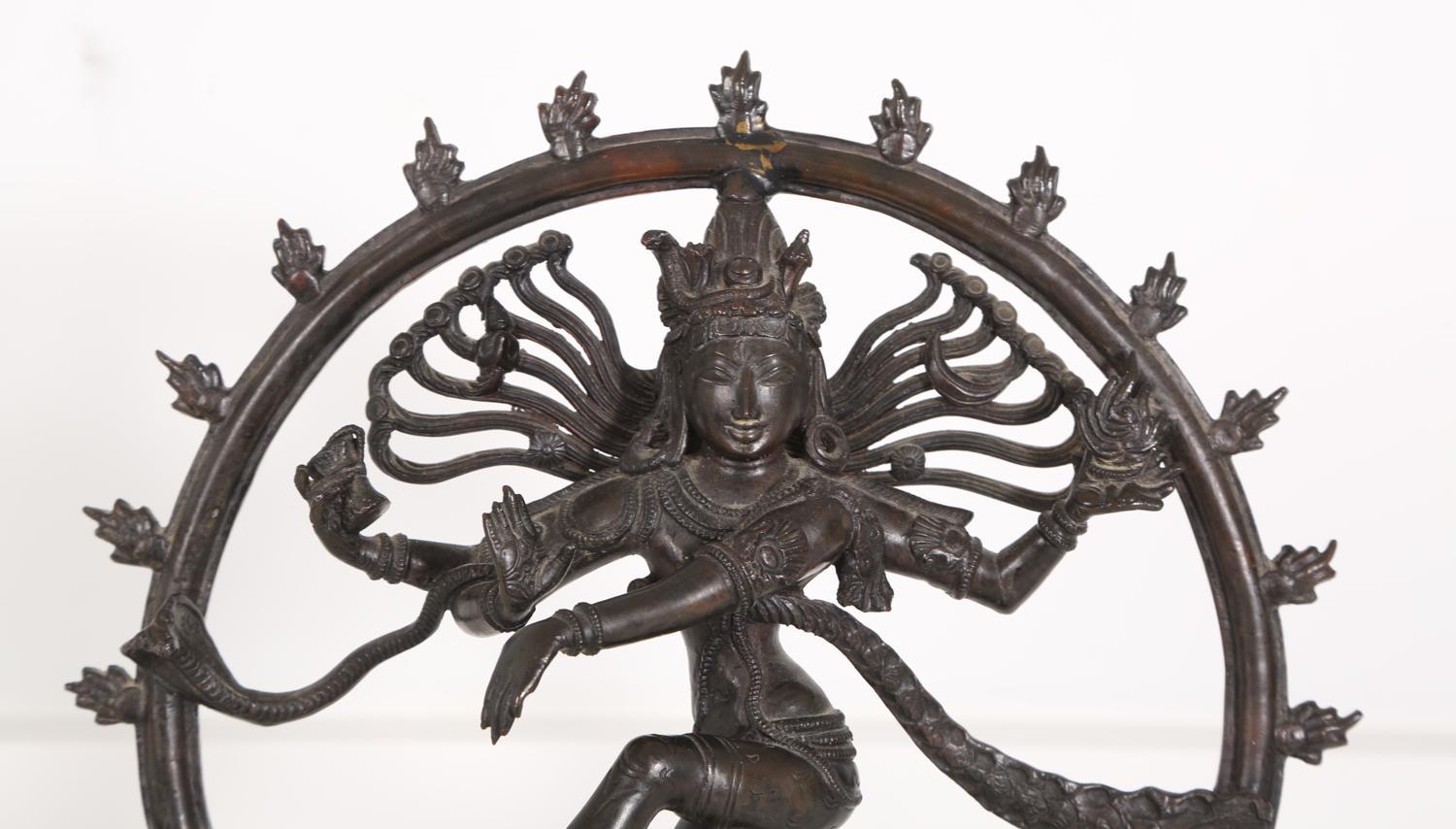 
Indian Bronze Figure of Shiva Nataraja 
A finely cast South Indian bronze figure of Shiva Nataraja, or Shiva as Lord of the Dance,  late 19th or early 20th century.
Shiva is portrayed here as Nataraja, the Lord of the Dance, symbolically combining