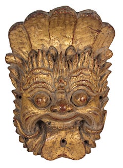 Antique "Indonesian Mask, " Wood with Gold Leaf of Smiling Man