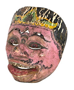 "Indonesian Mask, Round Eyes (Pink & Black)" Carved Wood created in Indonesia