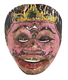 Antique "Indonesian Mask, Round Eyes (Pink & Black)" Carved Wood created in Indonesia