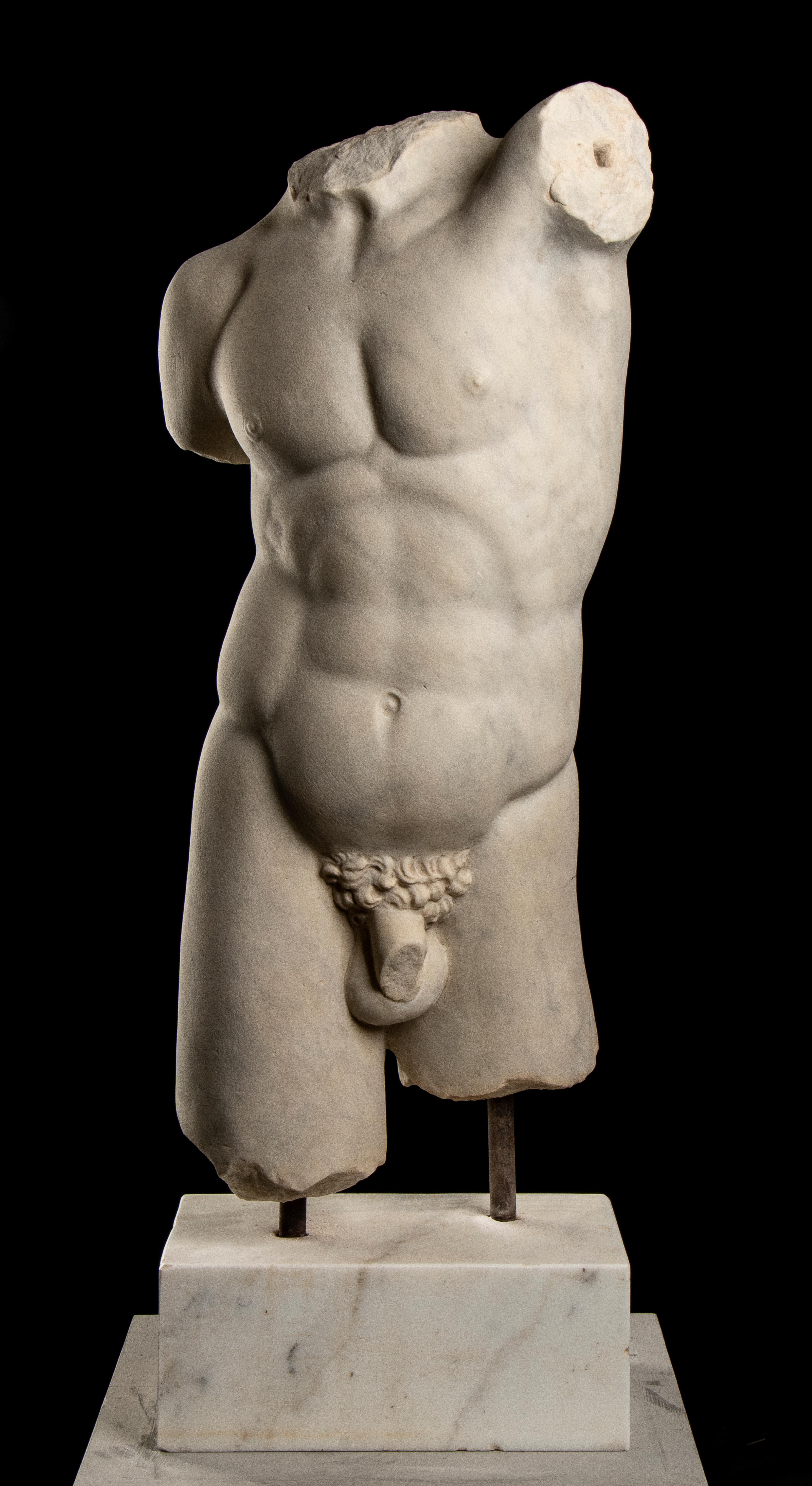 Unknown Nude Sculpture - Italian 20th Century White Statuary Marble Torso Sculpture of an Athlete 