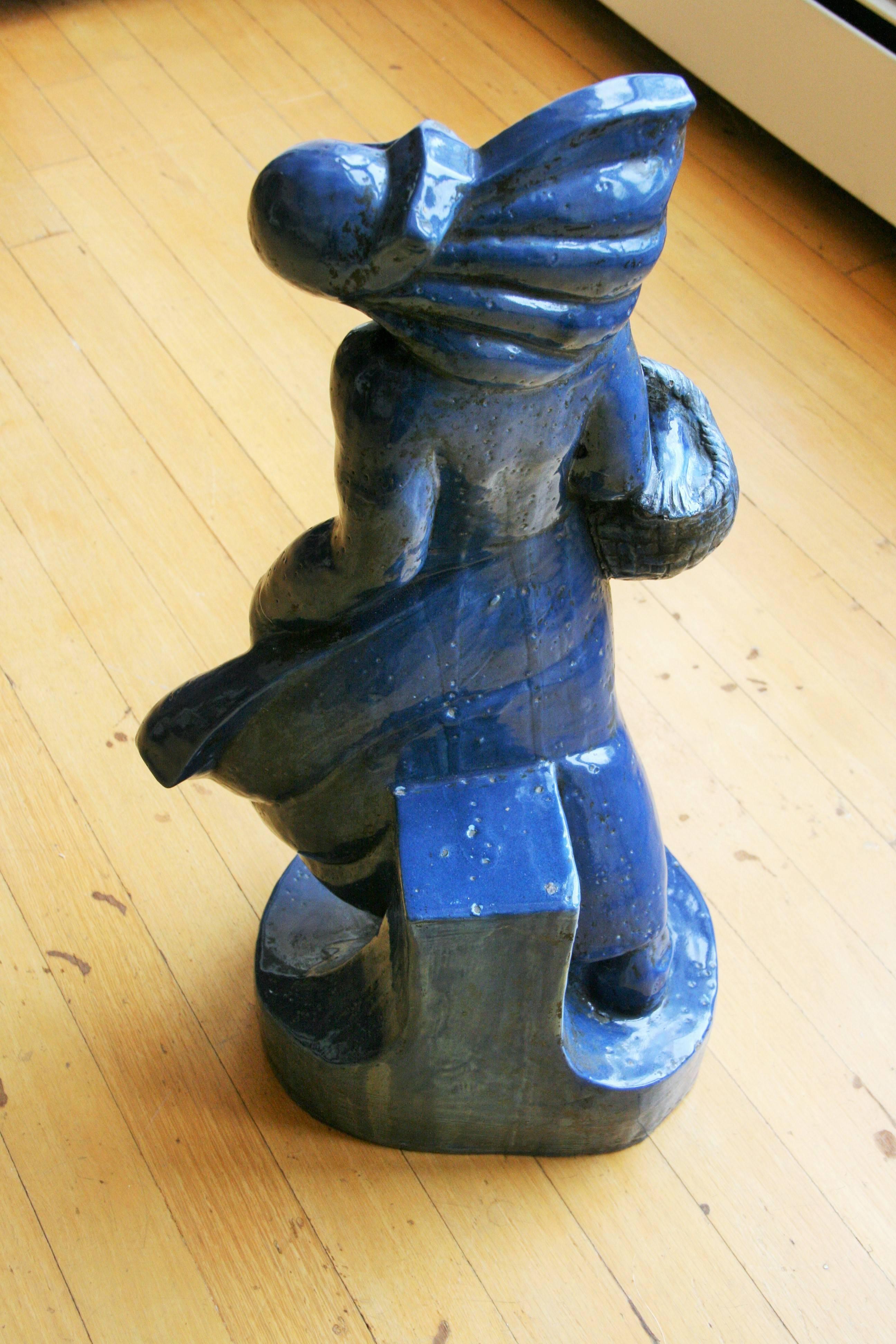 Italian Art Deco Female Figurative Blue Glazed Terracotta Sculpture - Gray Figurative Sculpture by Unknown