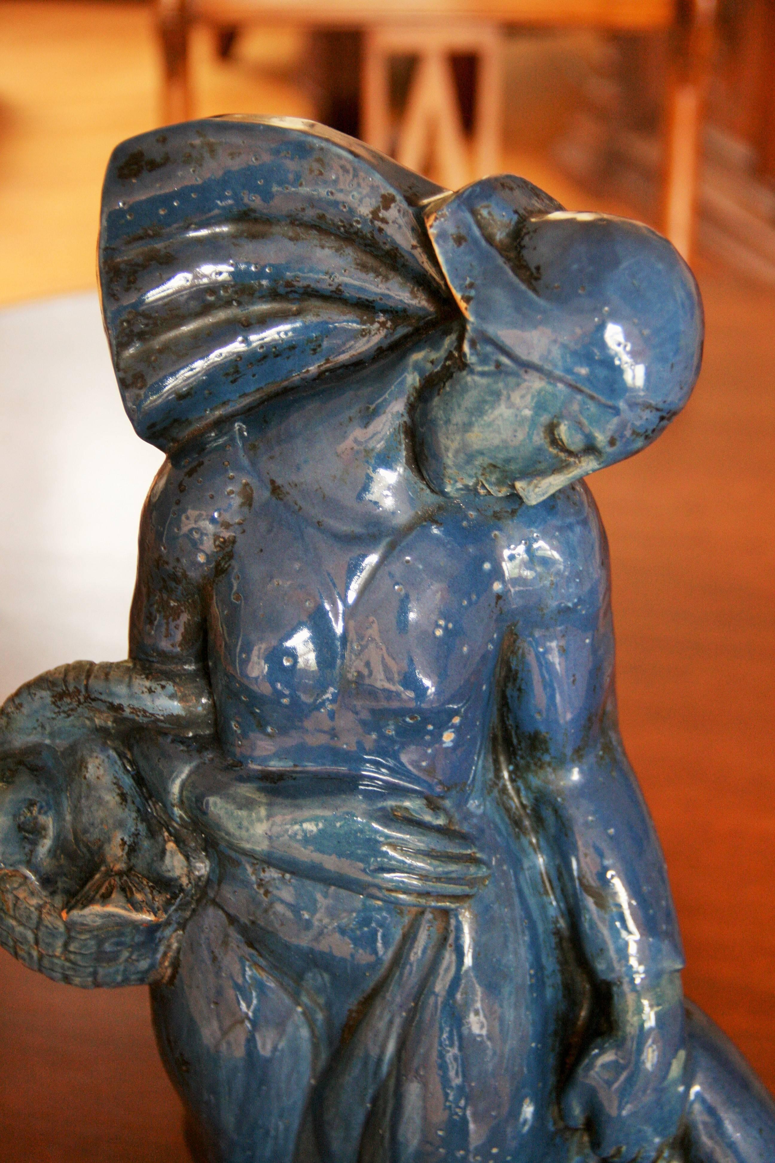 Italian Art Deco Female Figurative Blue Glazed Terracotta Sculpture 1