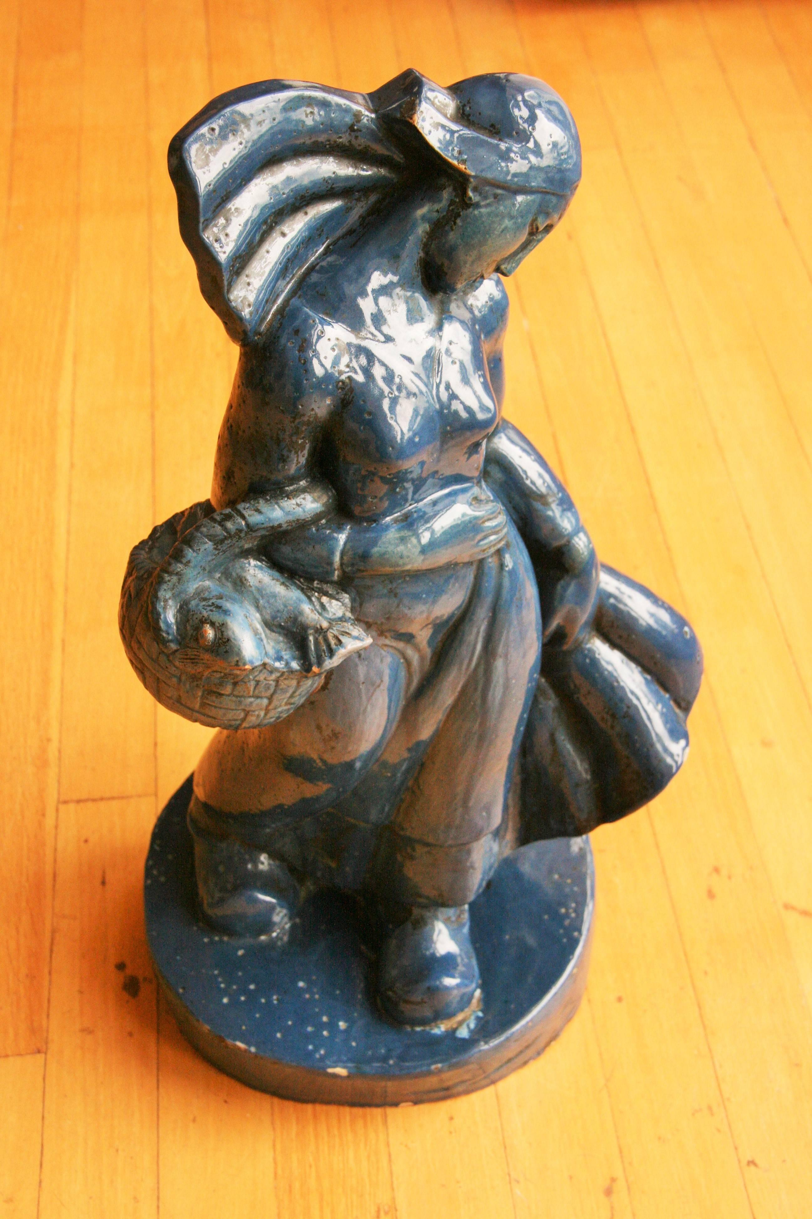 Italian Art Deco Female Figurative Blue Glazed Terracotta Sculpture 2